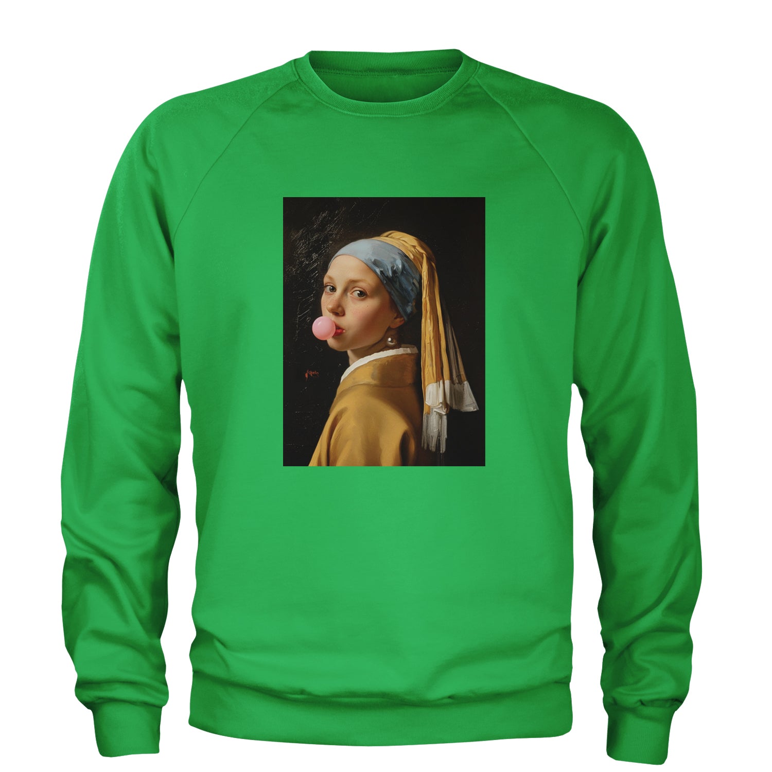 Girl with a Pearl Earring Bubble Gum Contemporary Art Adult Crewneck Sweatshirt Kelly Green