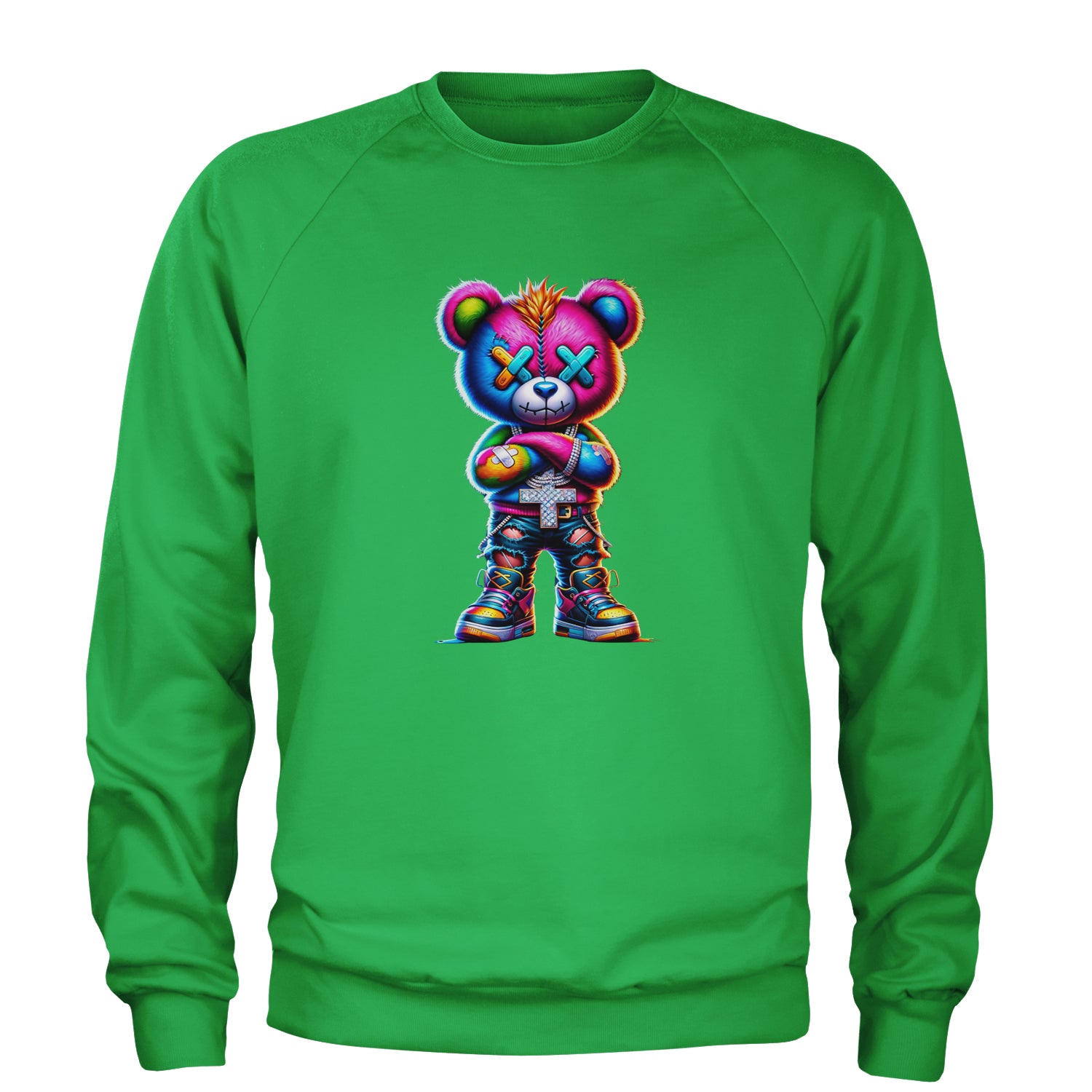 Stitched Neon Urban Graffiti Bear Adult Crewneck Sweatshirt Kelly Green