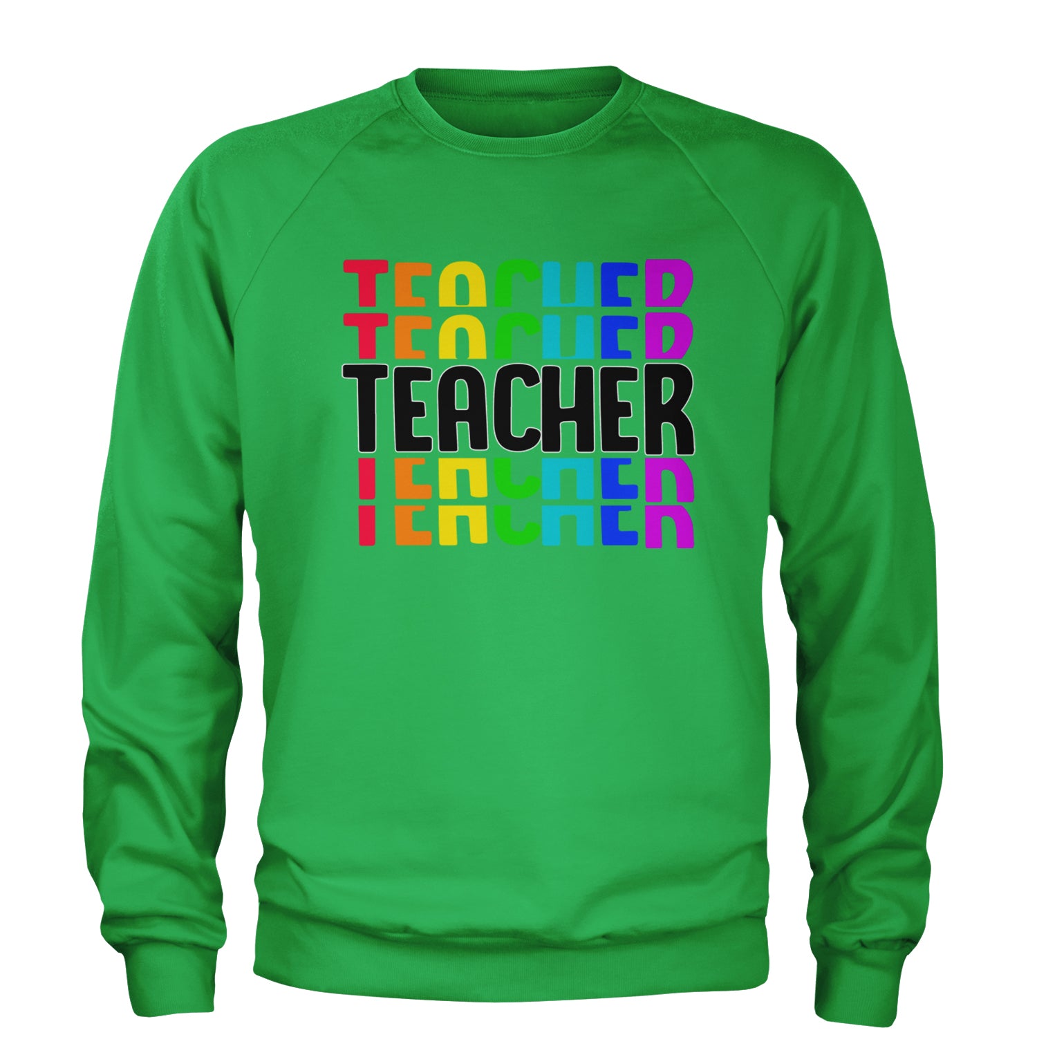 Teacher Repeated Rainbow Pattern Adult Crewneck Sweatshirt Kelly Green