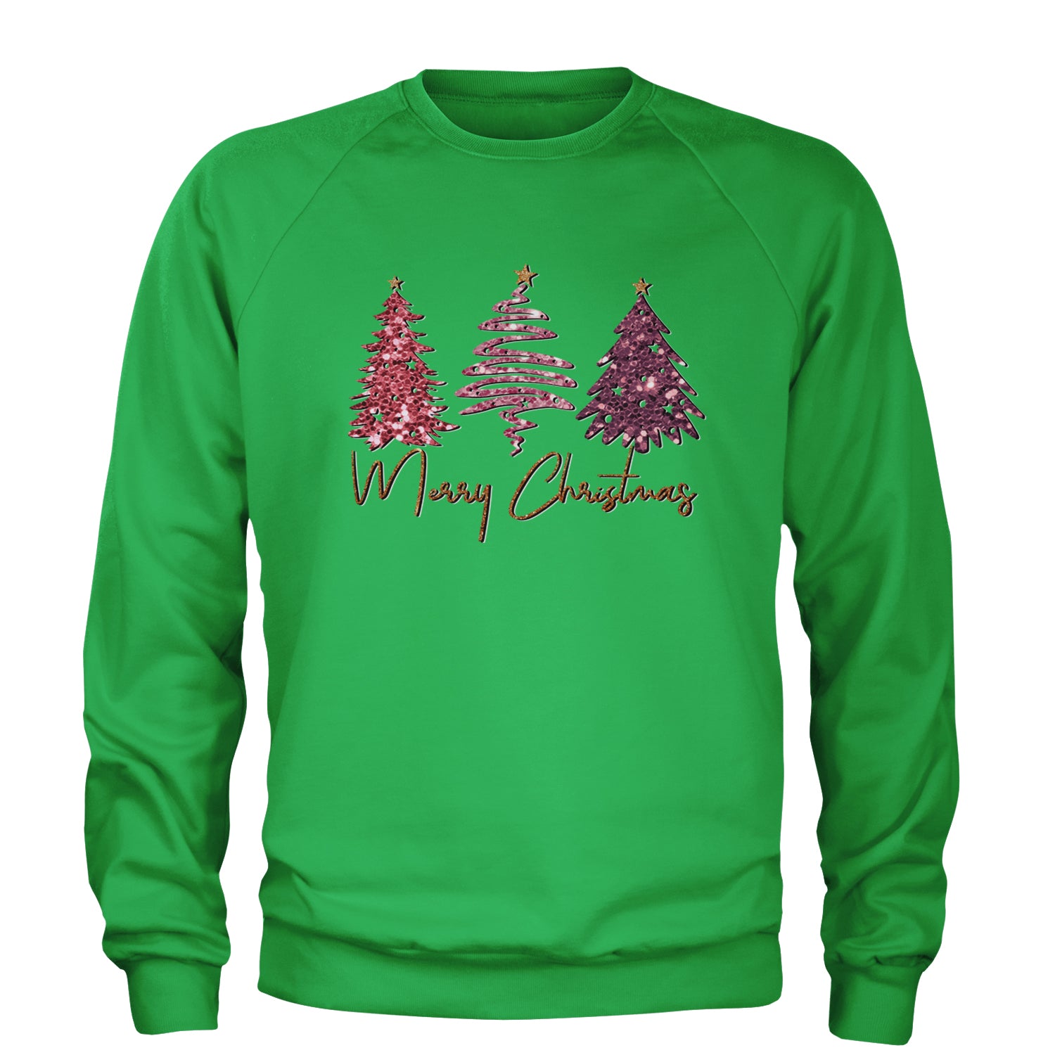 Merry Christmas Faux Glitter Trees Adult Crewneck Sweatshirt Kelly Green