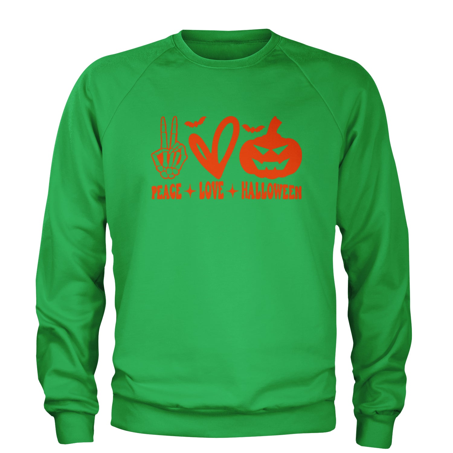 Peace, Love and Halloween Adult Crewneck Sweatshirt Kelly Green