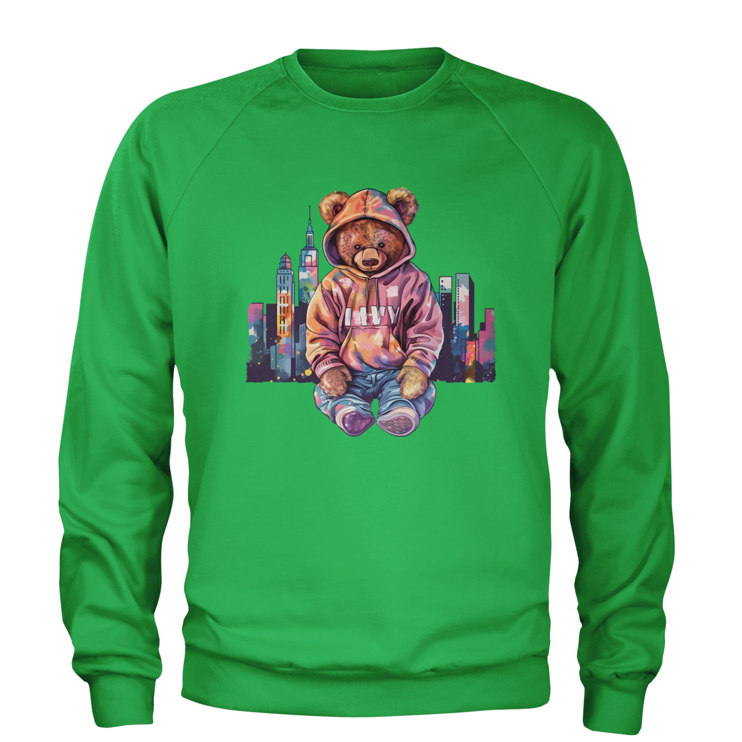 City Skyline Urban Graffiti Bear Adult Crewneck Sweatshirt Kelly Green