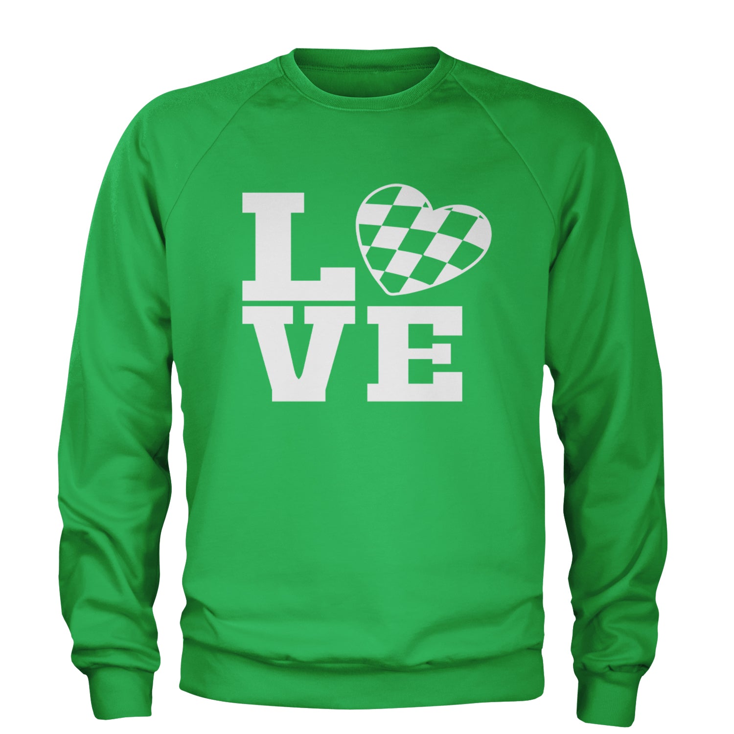 Love Racing Checkered Flag Heart Adult Crewneck Sweatshirt Kelly Green