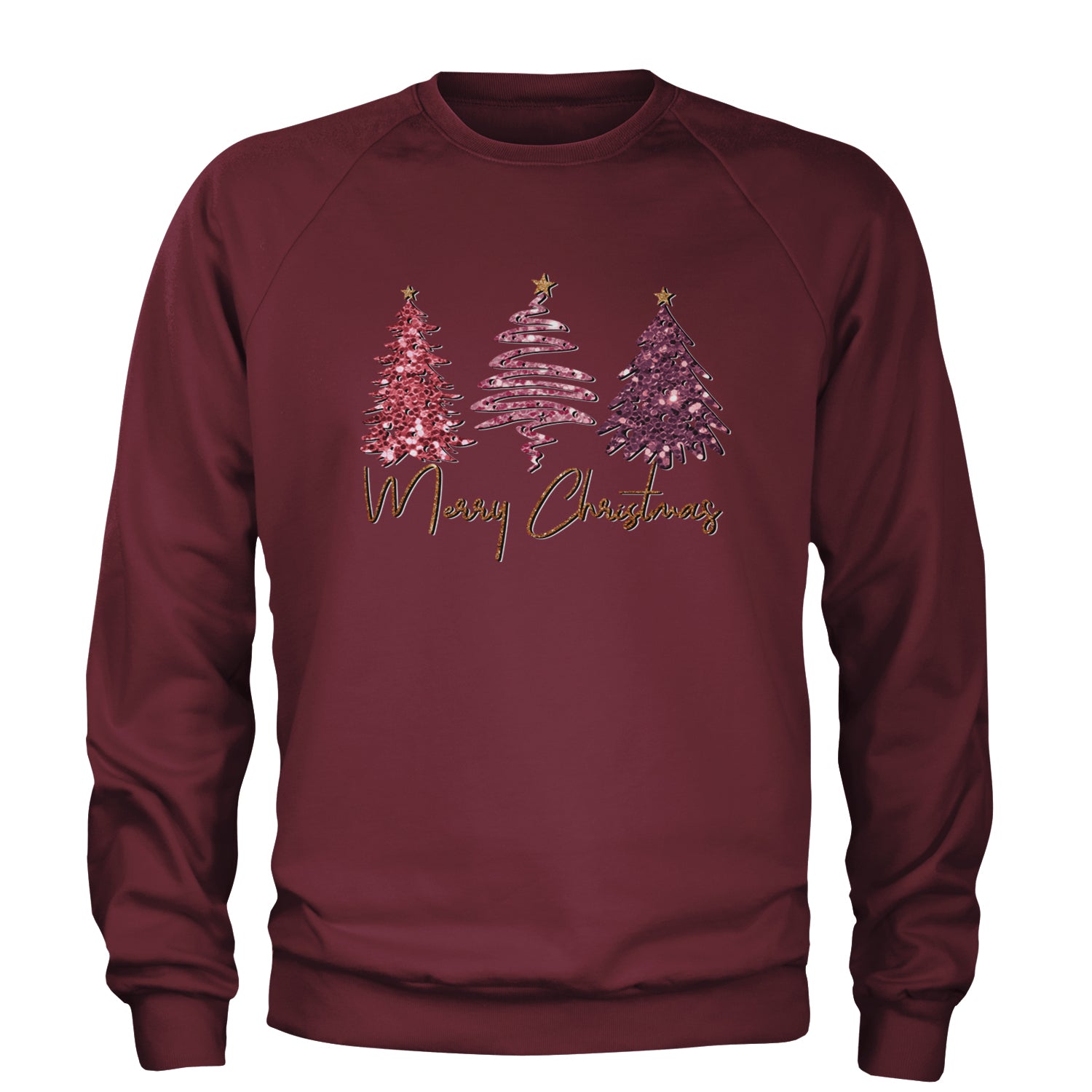 Merry Christmas Faux Glitter Trees Adult Crewneck Sweatshirt Maroon