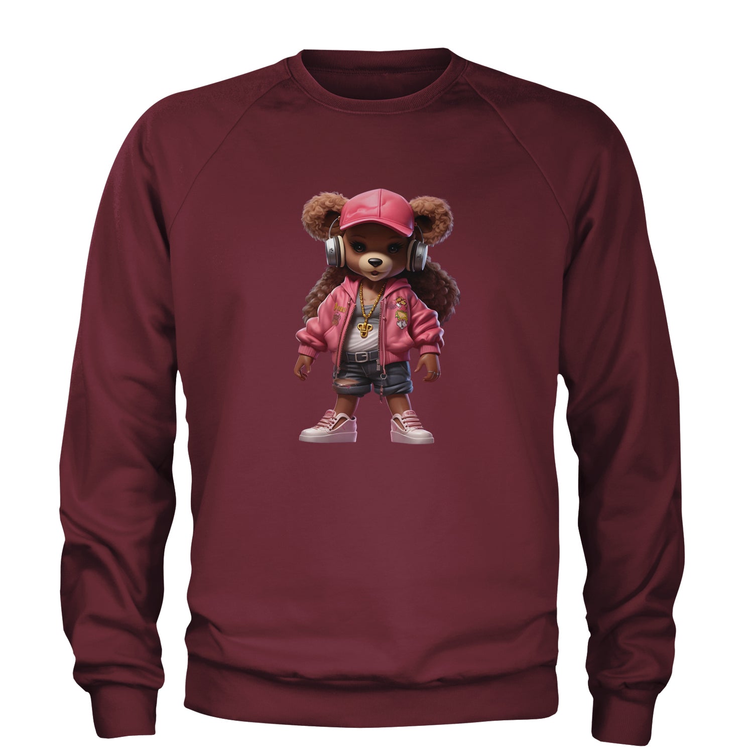 Pink Female Urban Graffiti Bear Adult Crewneck Sweatshirt Maroon