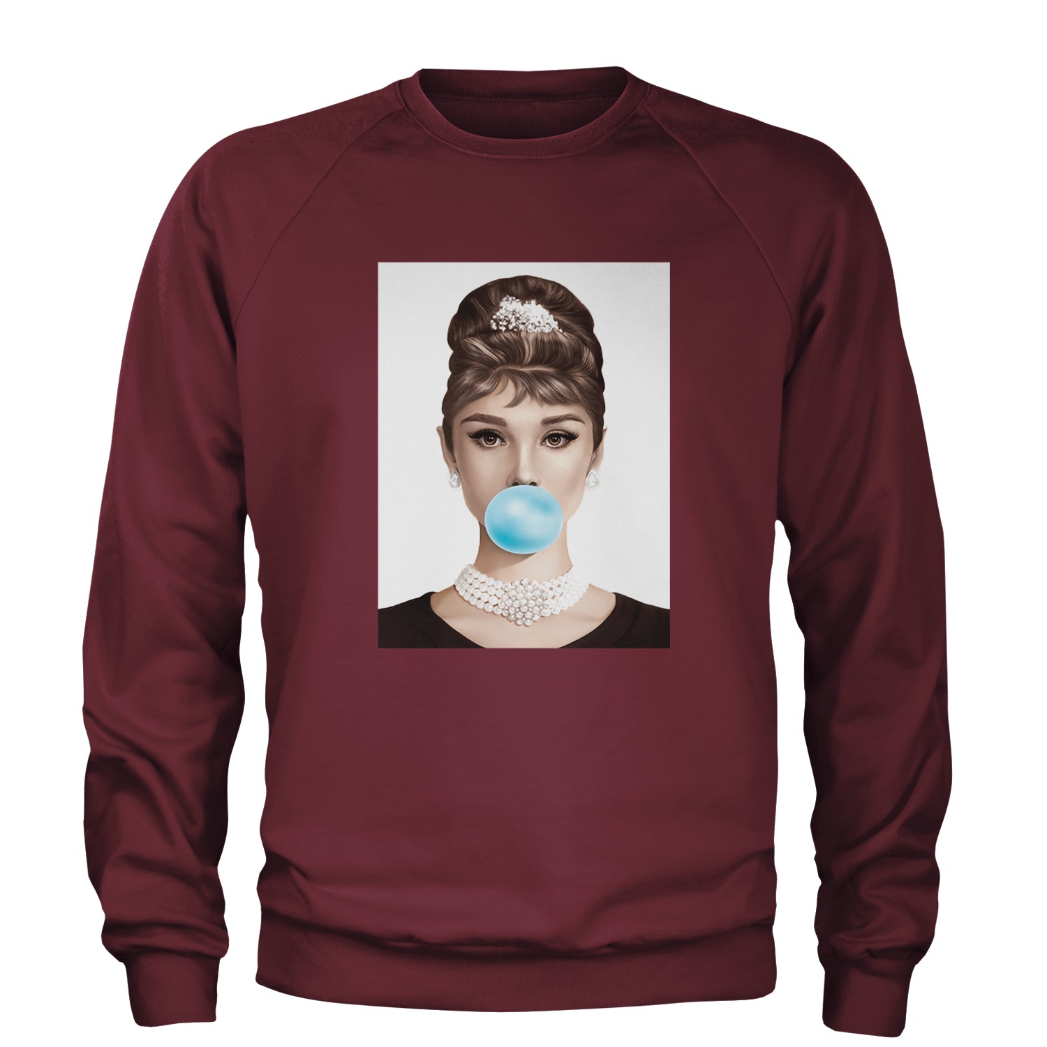 Audrey Hepburn Chewing Bubble Gum American Icon Adult Crewneck Sweatshirt Maroon