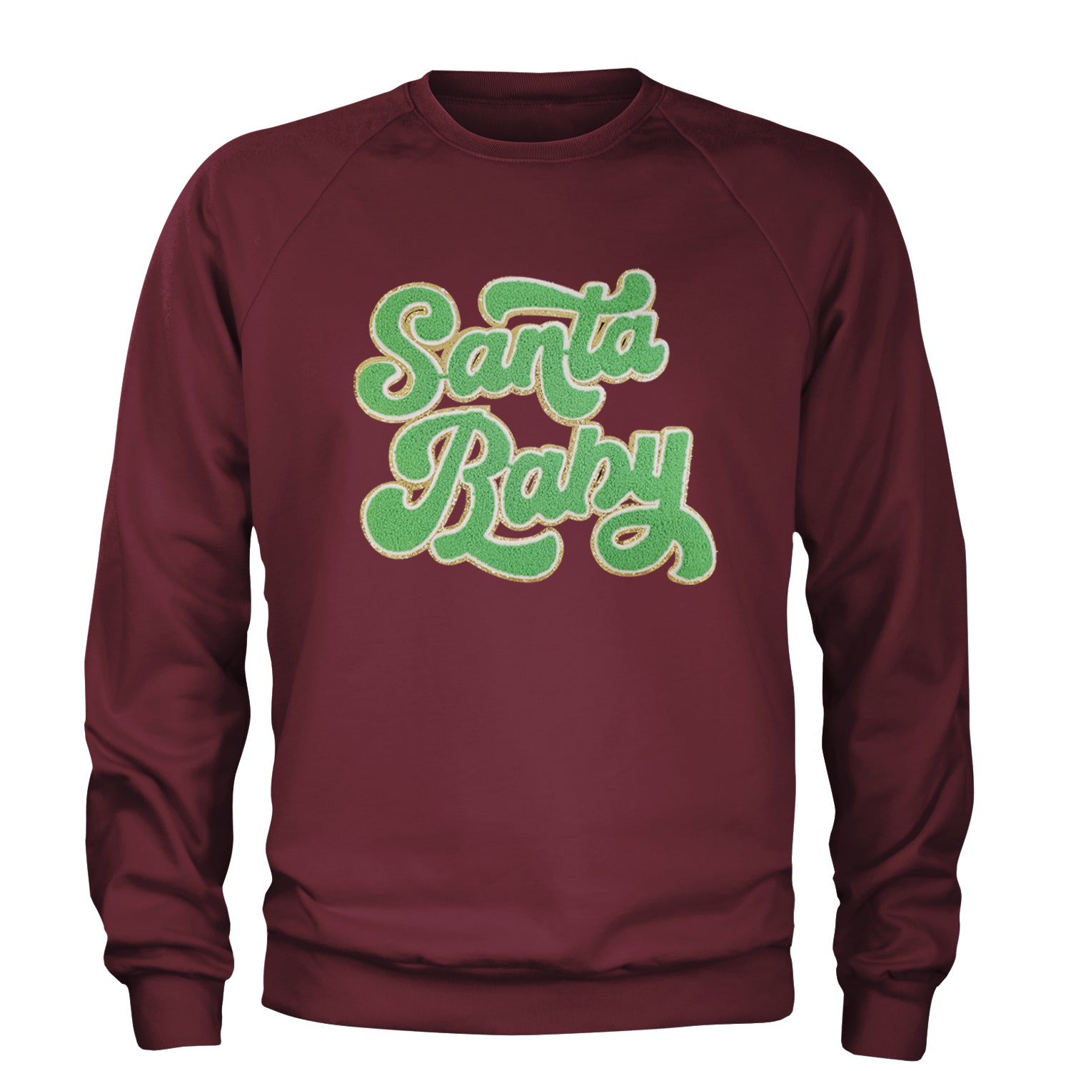 Green Santa Baby Chenille Patch Adult Crewneck Sweatshirt Maroon