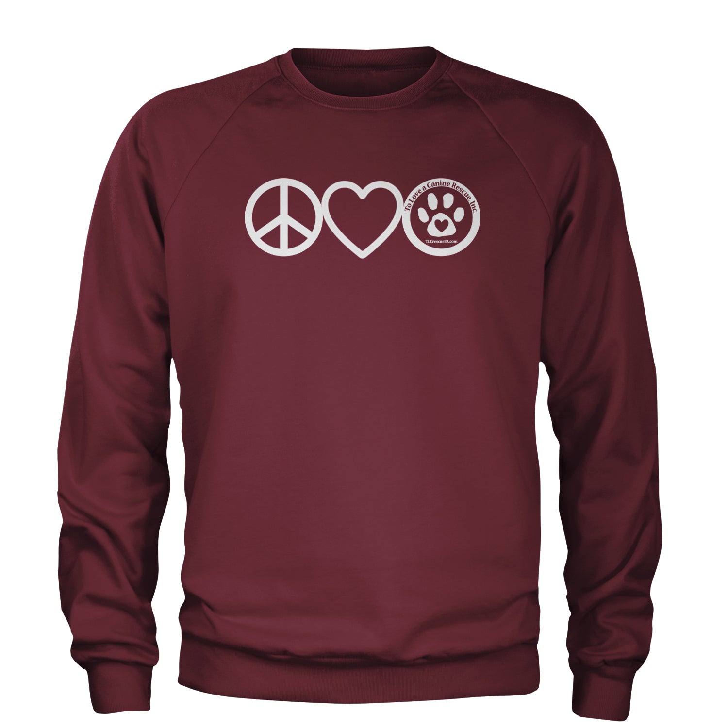 Peace, Love and TLC Dog Rescue Adult Crewneck Sweatshirt Maroon