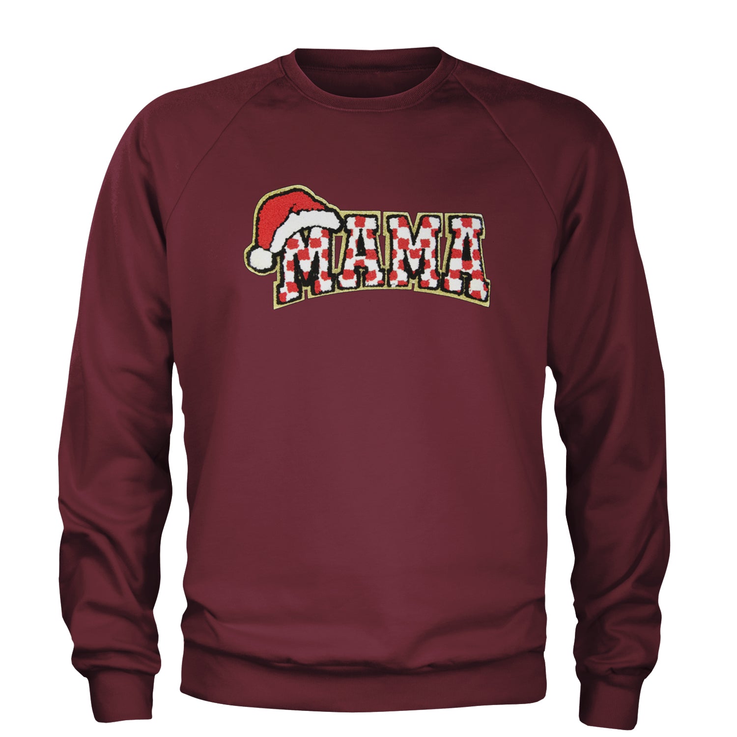 Mama Santa Hat Chenille Patch Adult Crewneck Sweatshirt Maroon