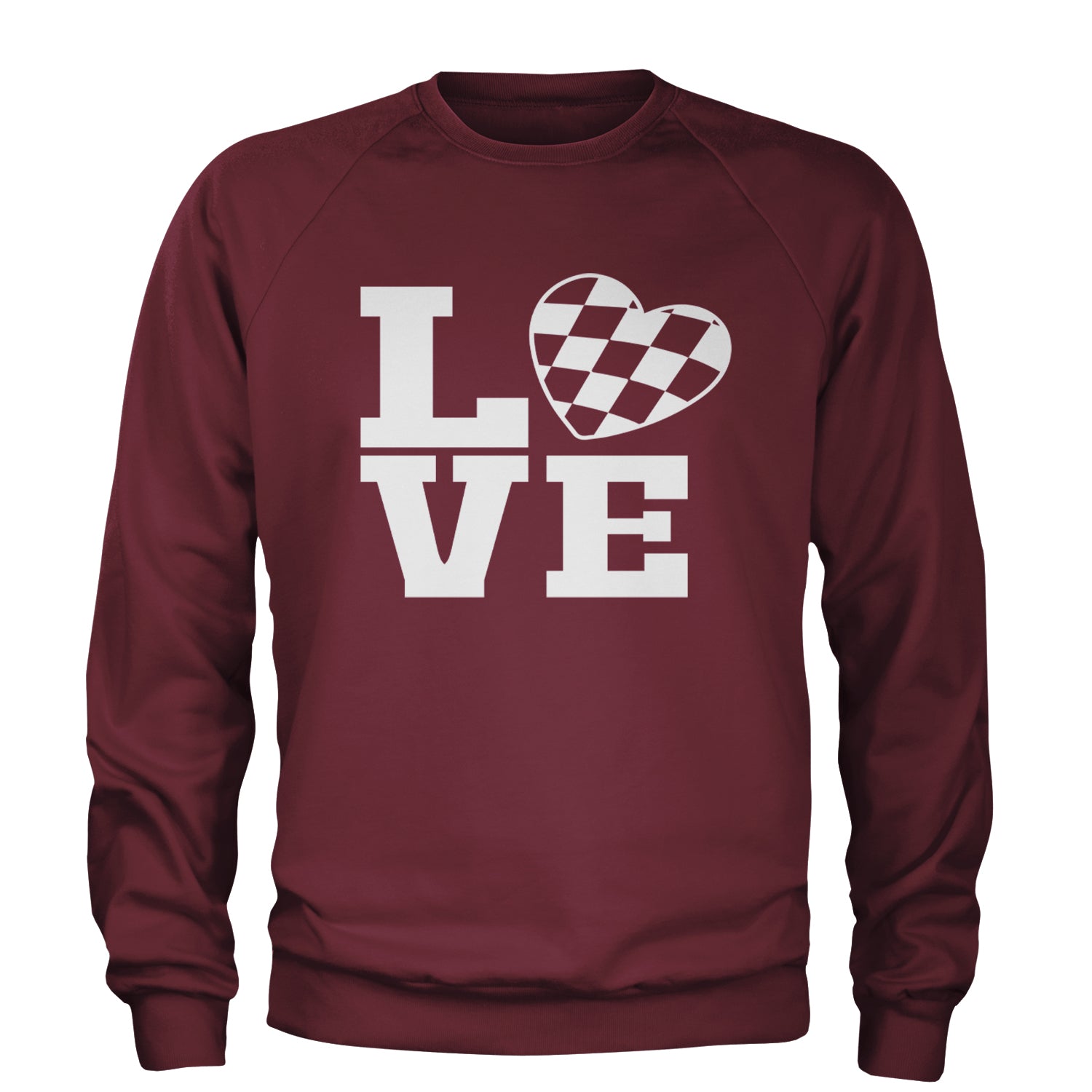 Love Racing Checkered Flag Heart Adult Crewneck Sweatshirt Maroon