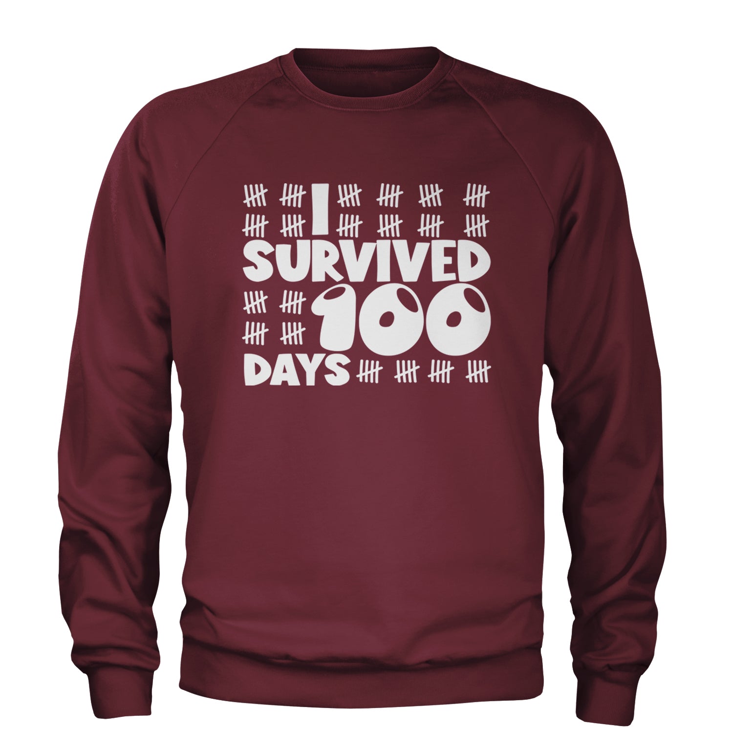 I Survived 100 Days Tally Marks Adult Crewneck Sweatshirt Maroon