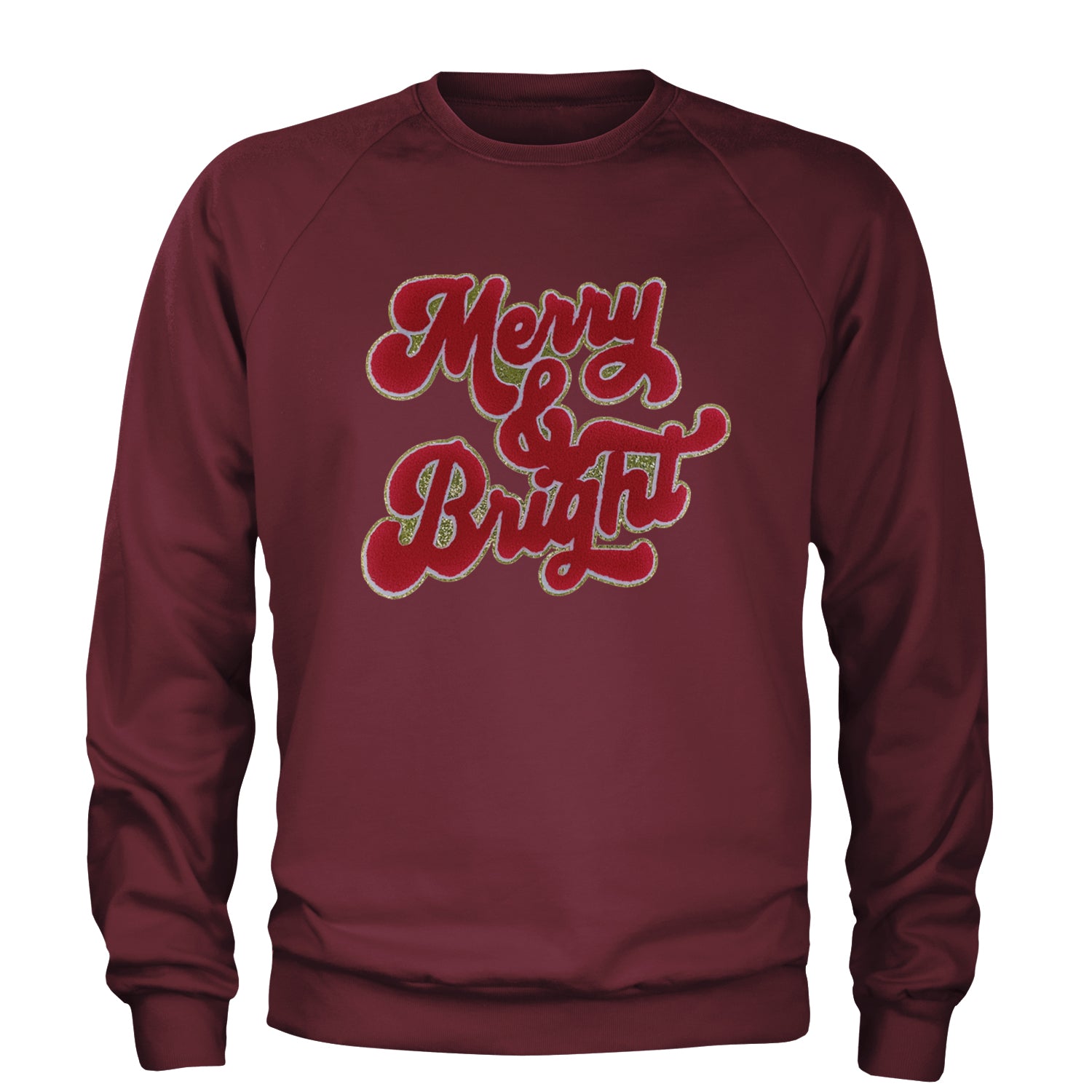 Merry & Bright Chenille Glitter Adult Crewneck Sweatshirt Maroon