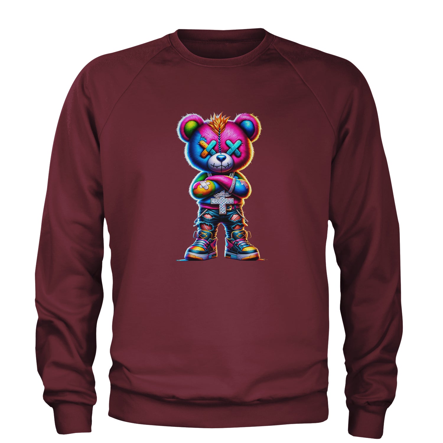 Stitched Neon Urban Graffiti Bear Adult Crewneck Sweatshirt Maroon