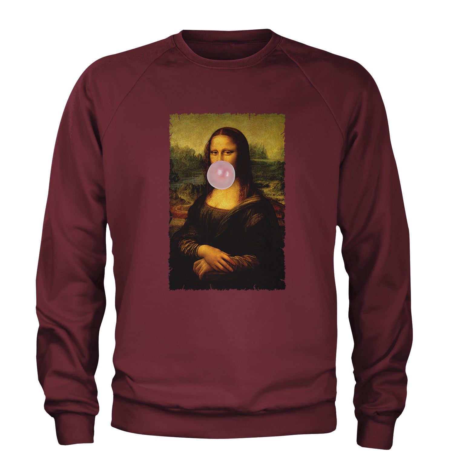 Mona Lisa Smile Pink Bubble Gum Da Vinci Icon Adult Crewneck Sweatshirt Maroon