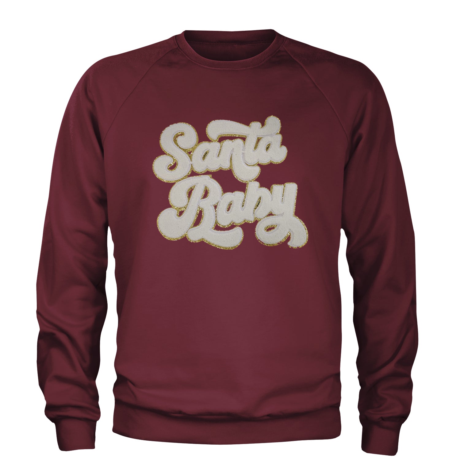 White Santa Baby Chenille Patch Adult Crewneck Sweatshirt Maroon