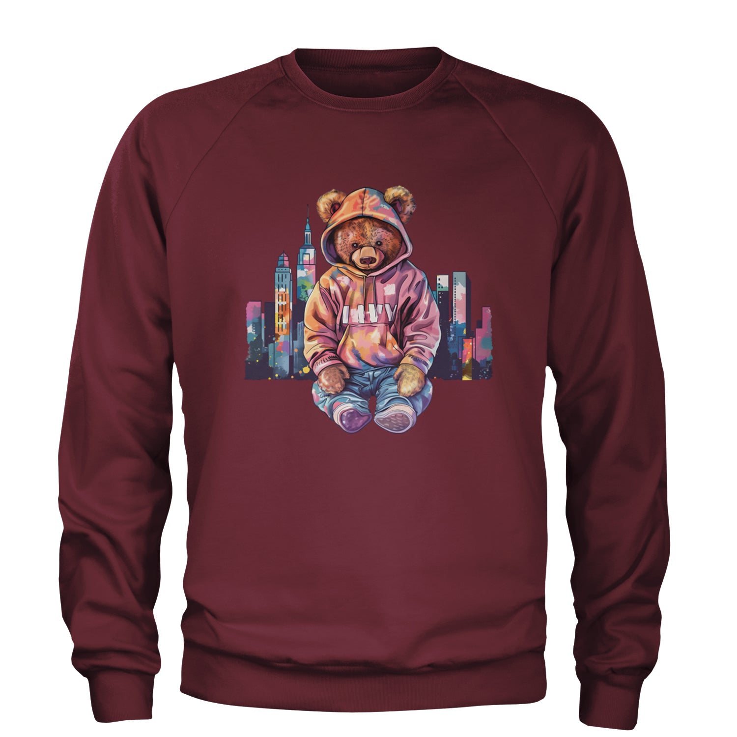 City Skyline Urban Graffiti Bear Adult Crewneck Sweatshirt Maroon