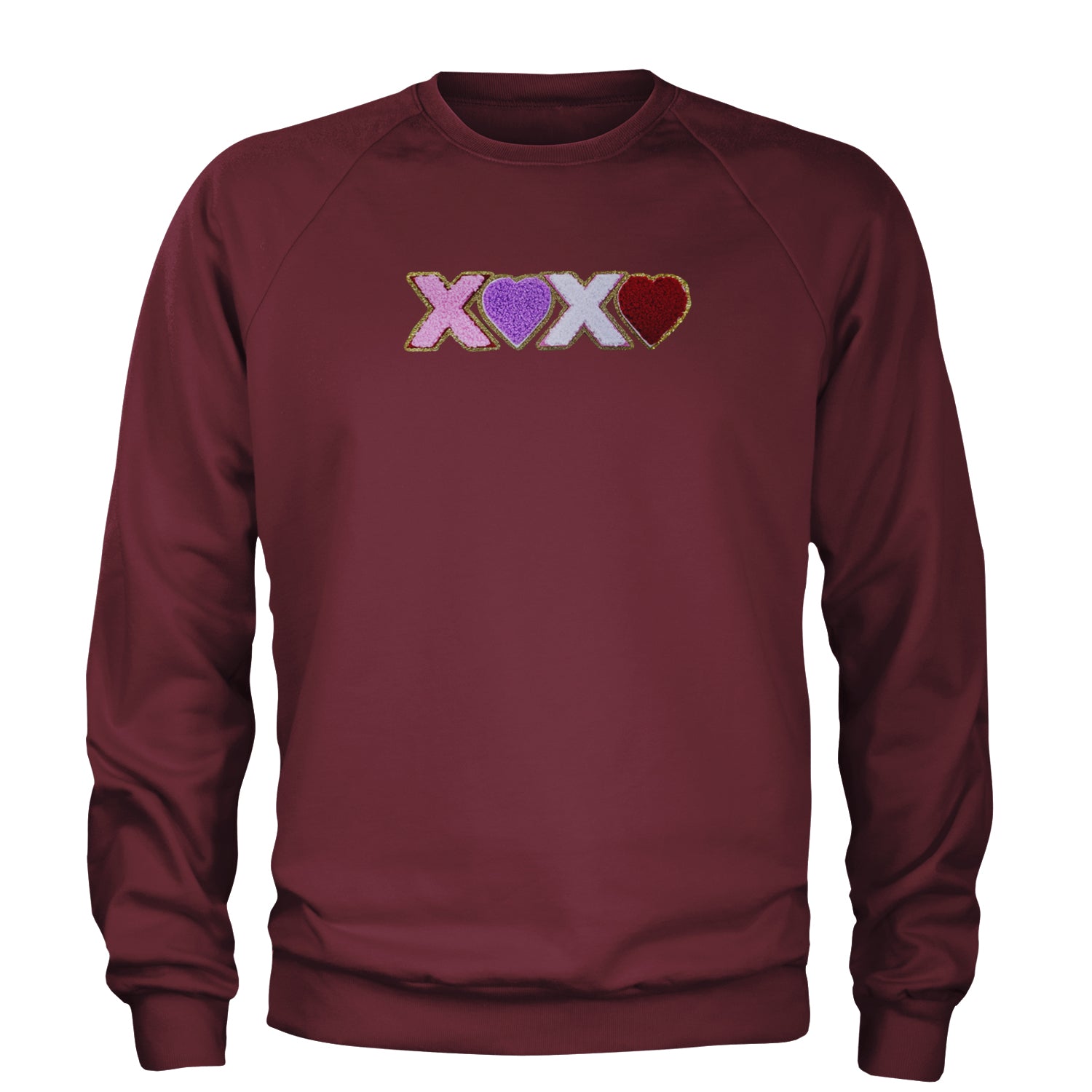 XOXO Chenille Patch Valentines Days Adult Crewneck Sweatshirt Maroon