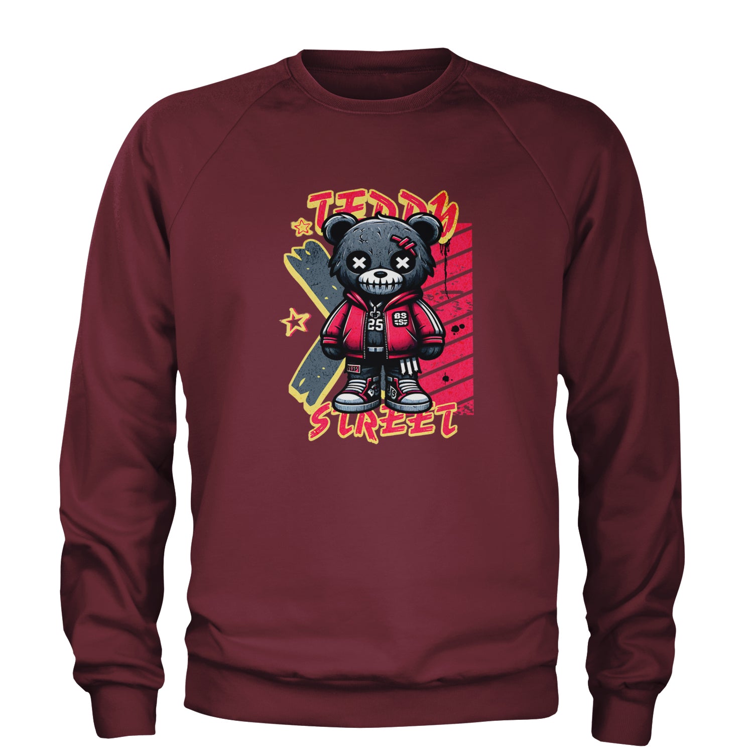 Teddy Attitude Urban Graffiti Bear Adult Crewneck Sweatshirt Maroon