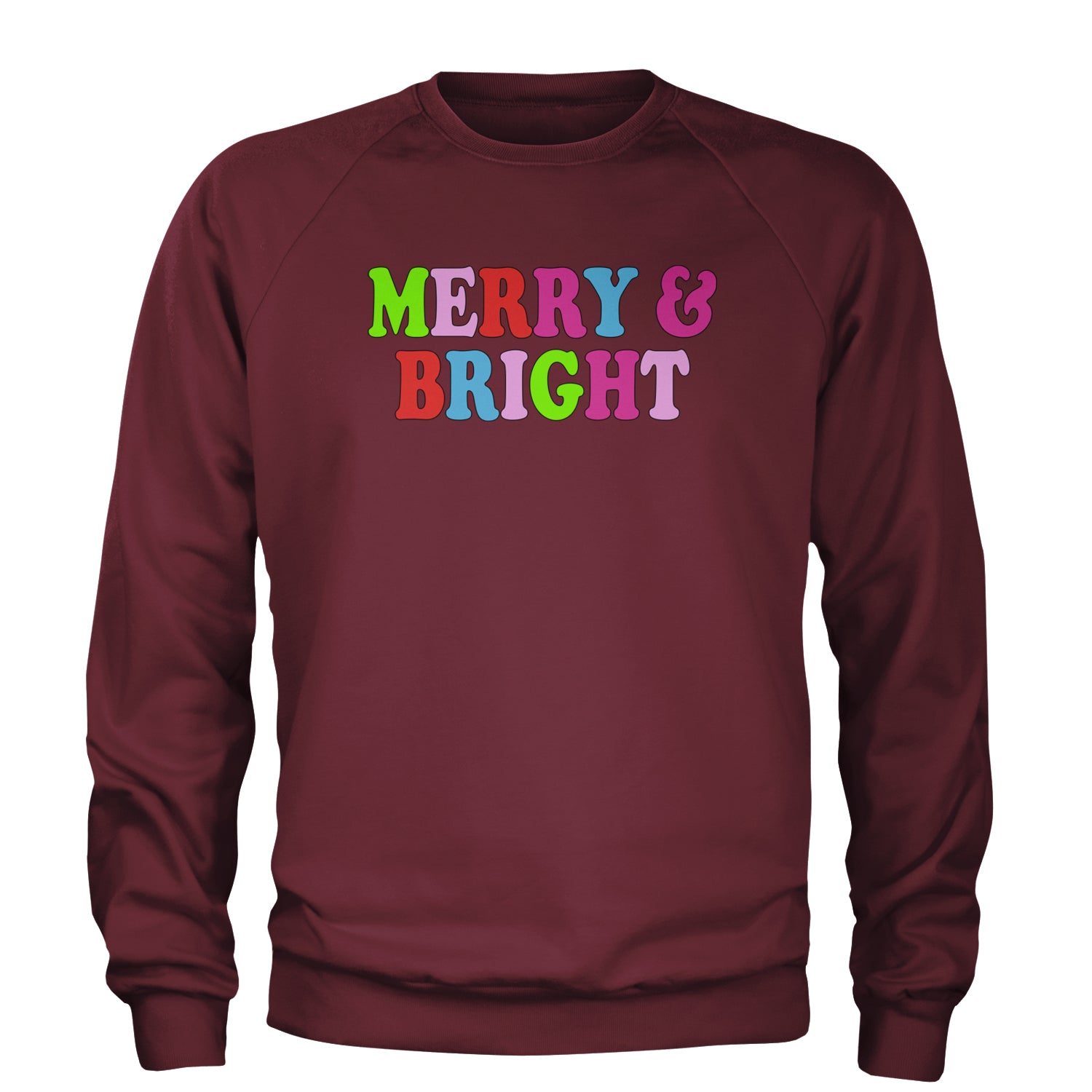 Merry and Bright Festive Christmas Holiday Adult Crewneck Sweatshirt Maroon