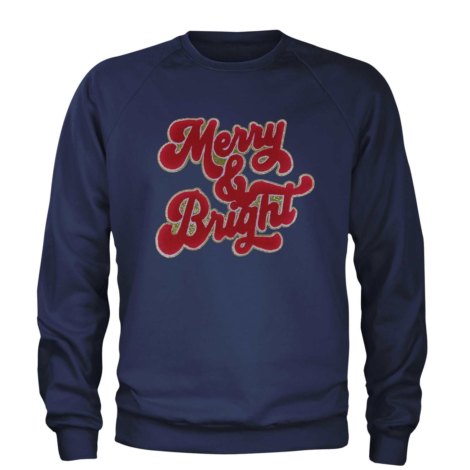 Merry & Bright Chenille Glitter Adult Crewneck Sweatshirt Navy Blue