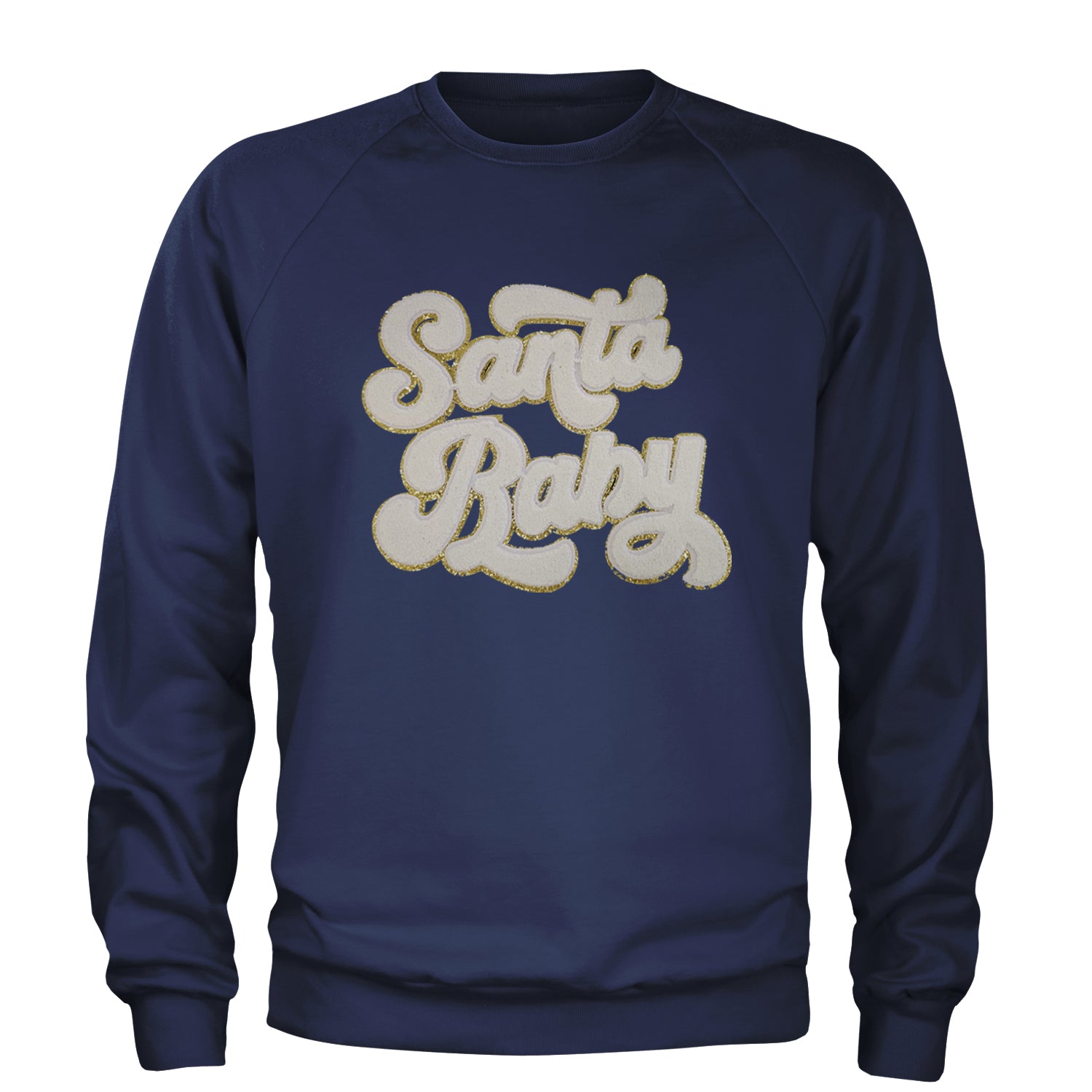 White Santa Baby Chenille Patch Adult Crewneck Sweatshirt Navy Blue