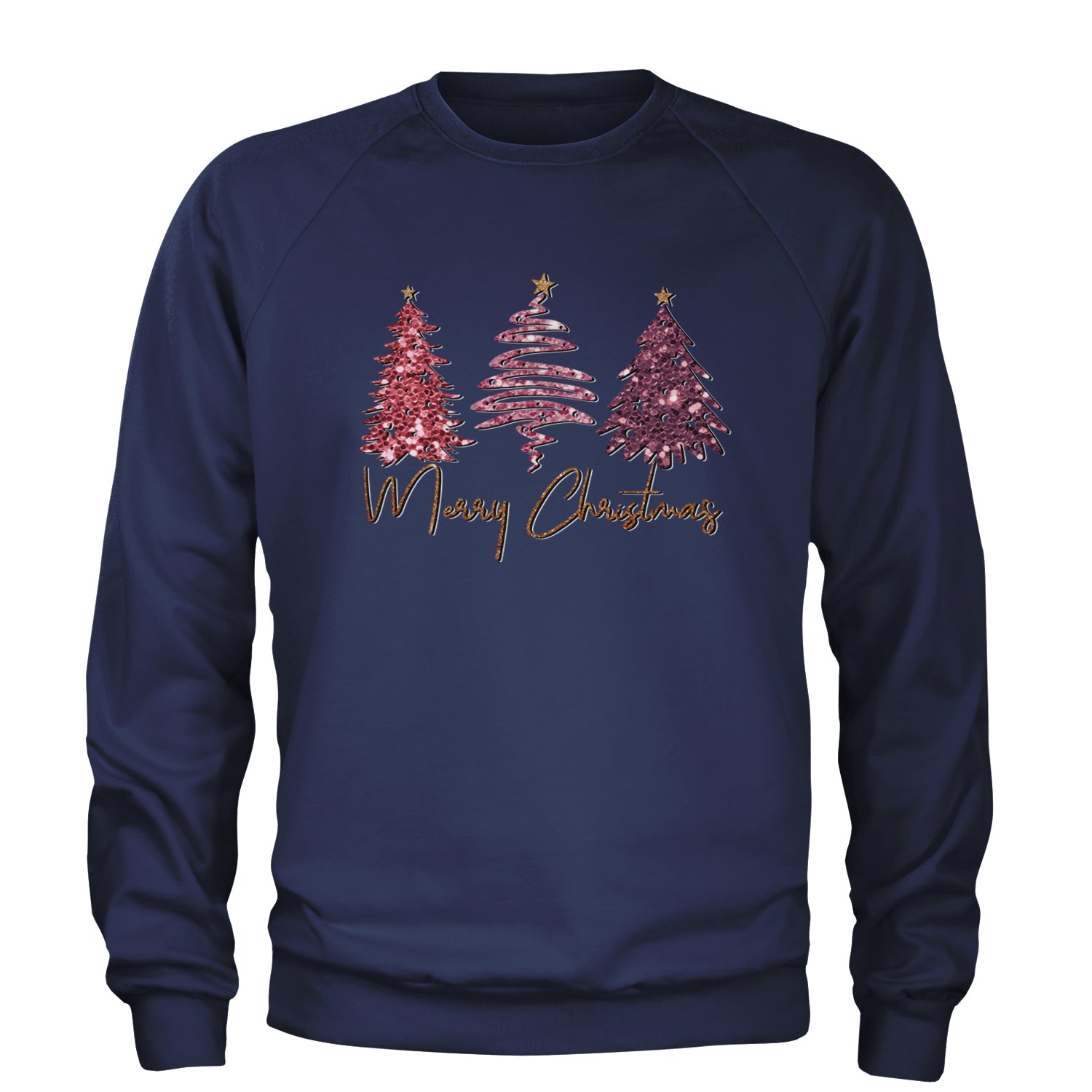 Merry Christmas Faux Glitter Trees Adult Crewneck Sweatshirt Navy Blue