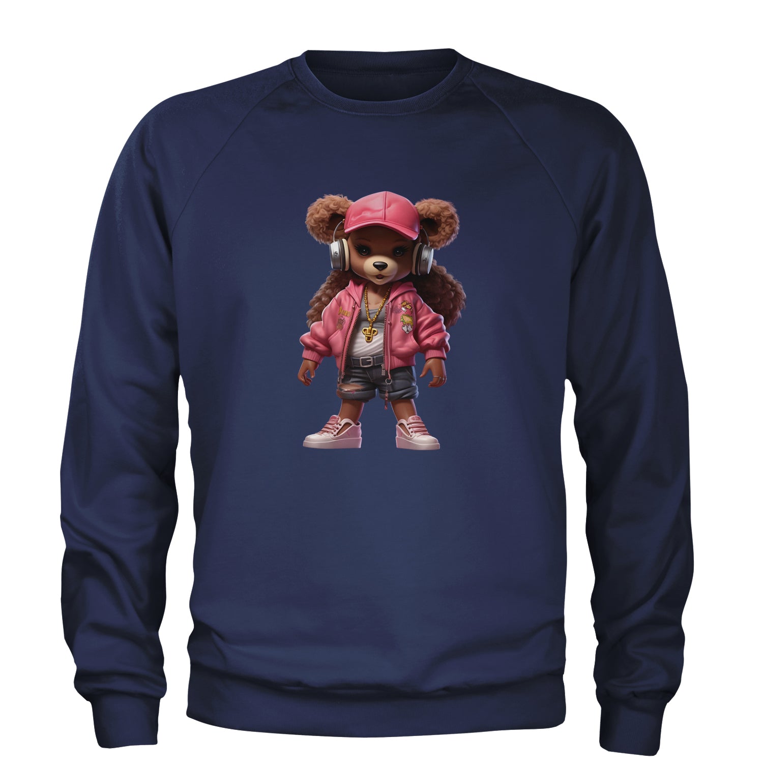 Pink Female Urban Graffiti Bear Adult Crewneck Sweatshirt Navy Blue