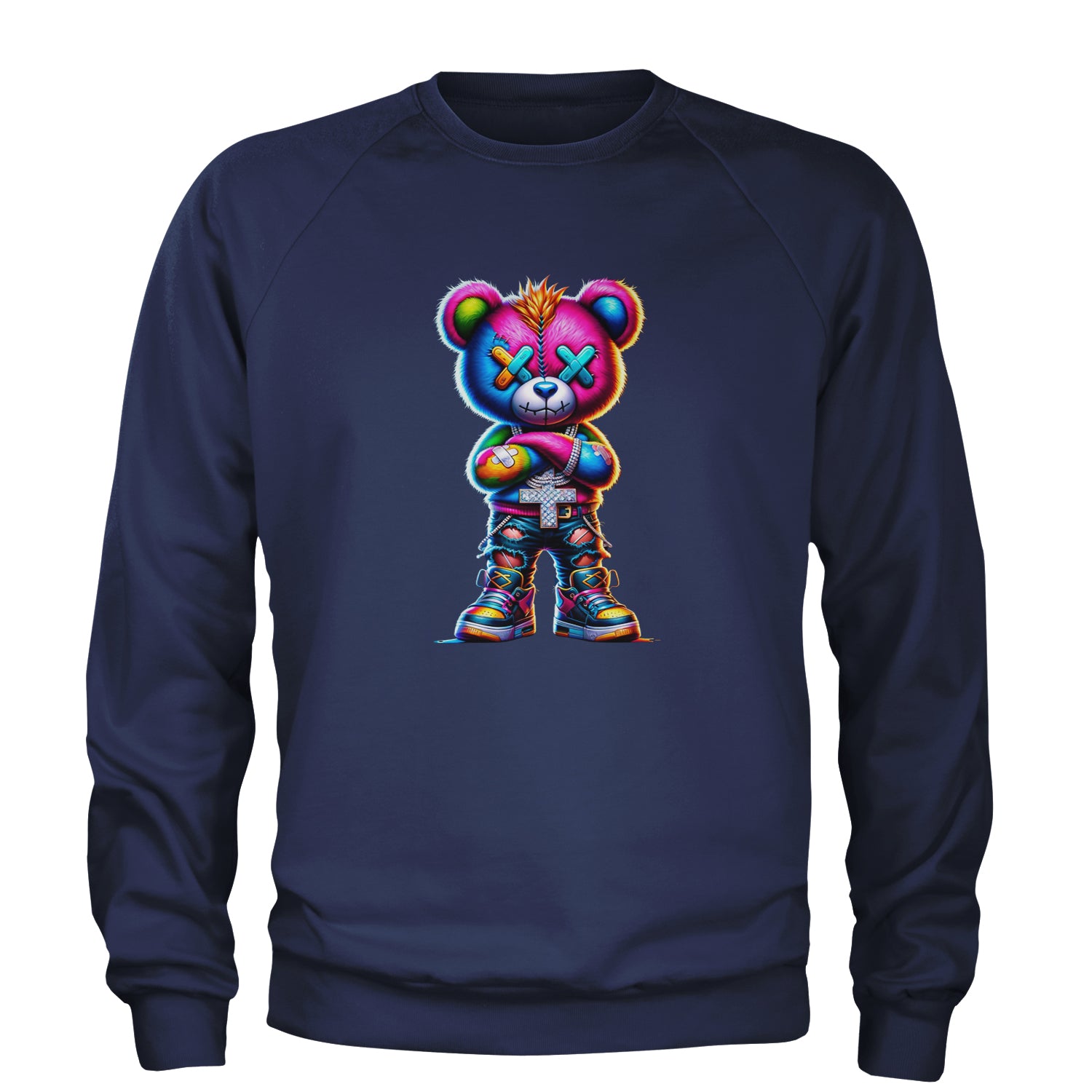 Stitched Neon Urban Graffiti Bear Adult Crewneck Sweatshirt Navy Blue