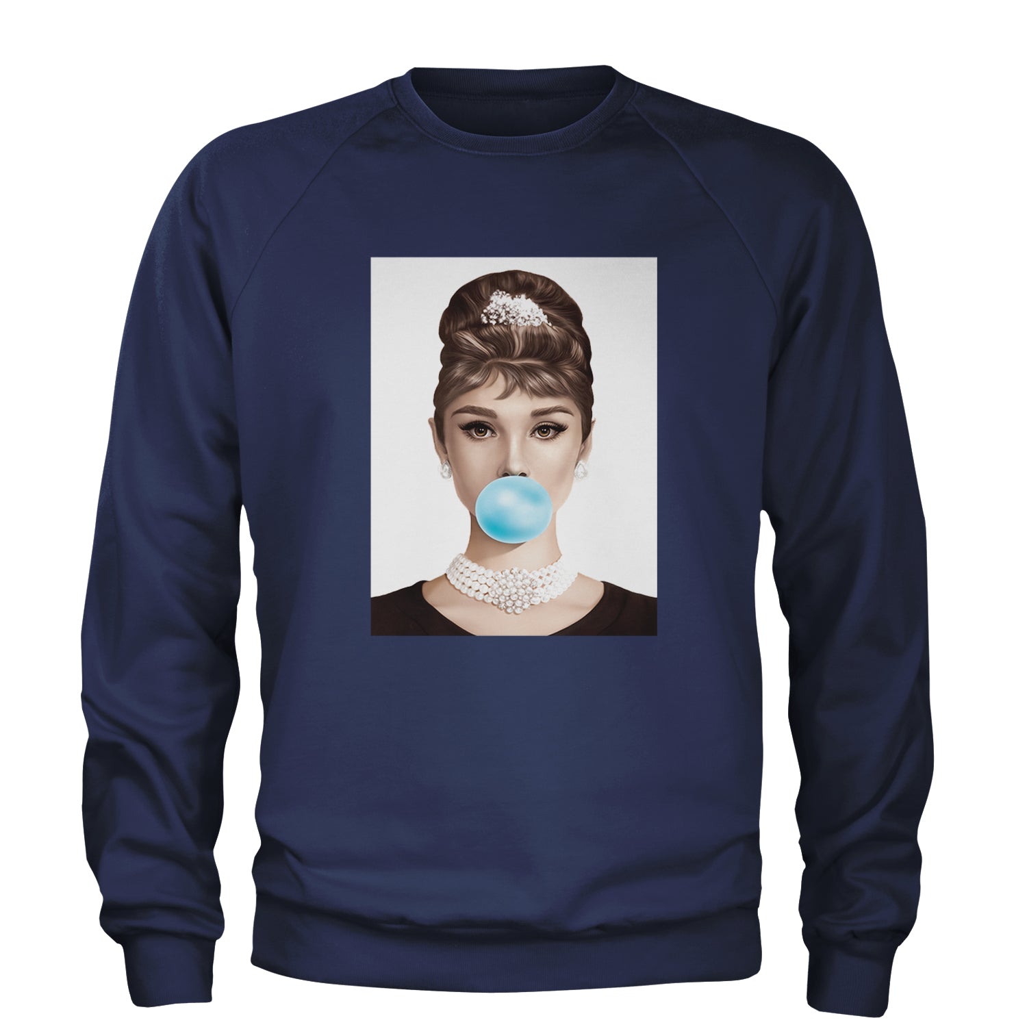 Audrey Hepburn Chewing Bubble Gum American Icon Adult Crewneck Sweatshirt Navy Blue