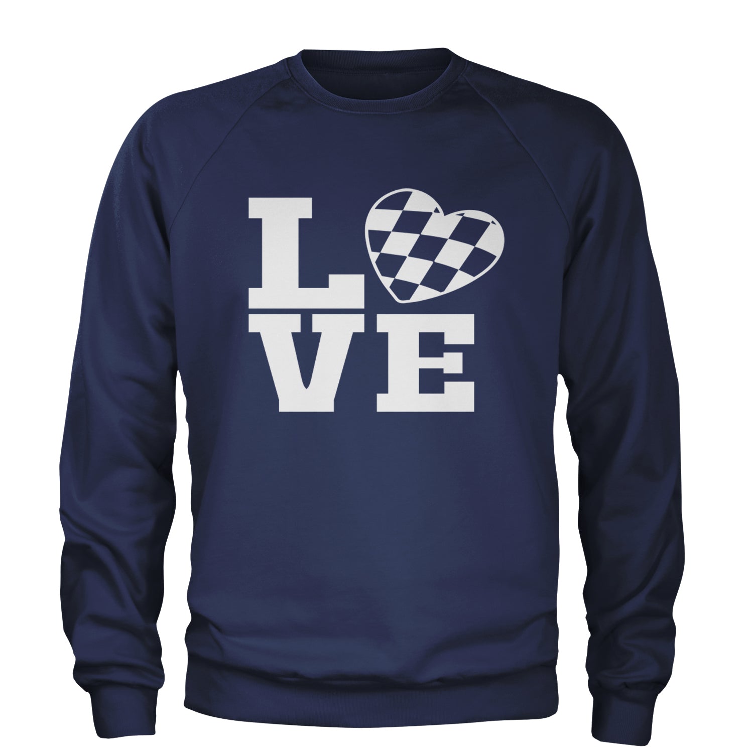 Love Racing Checkered Flag Heart Adult Crewneck Sweatshirt Navy Blue