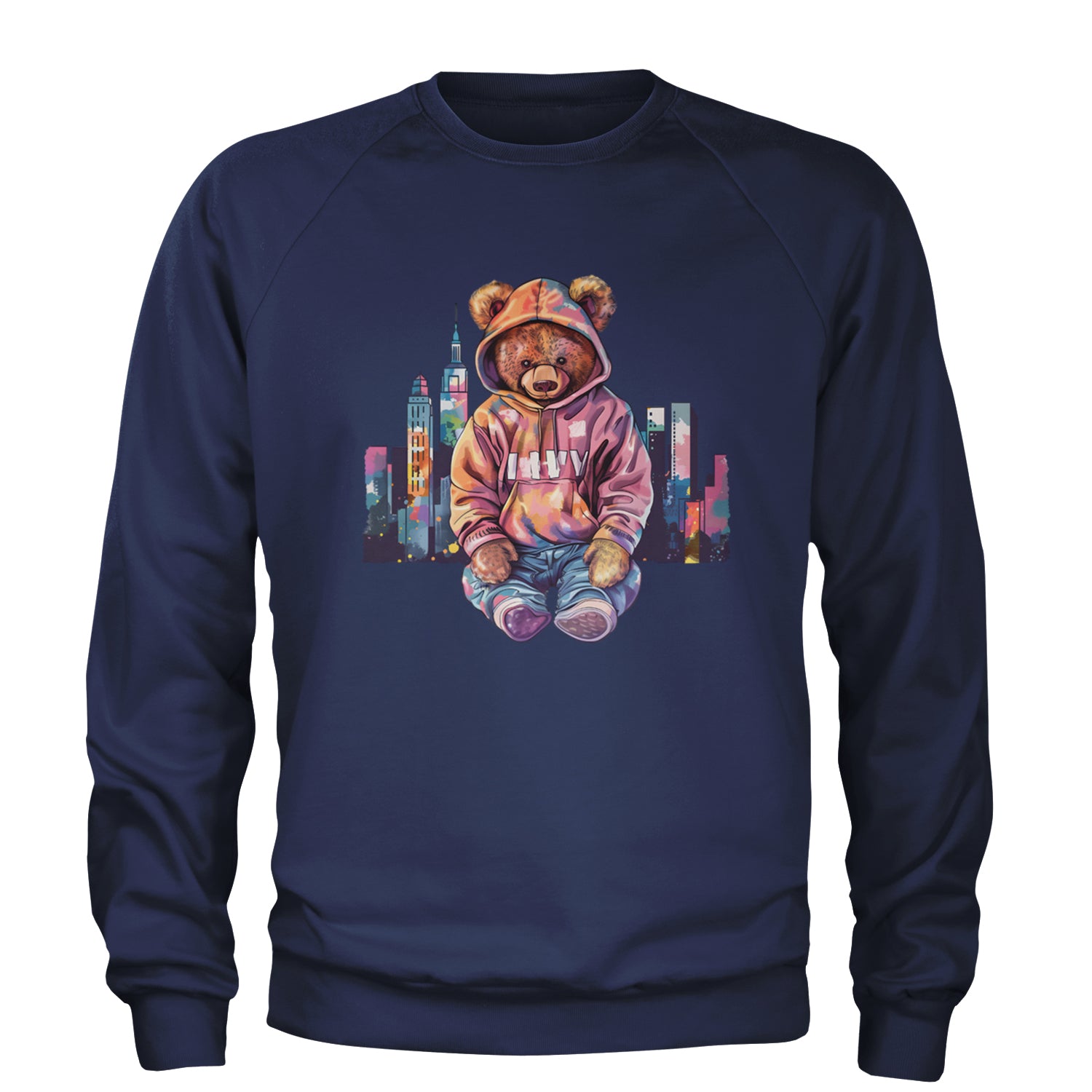 City Skyline Urban Graffiti Bear Adult Crewneck Sweatshirt Navy Blue