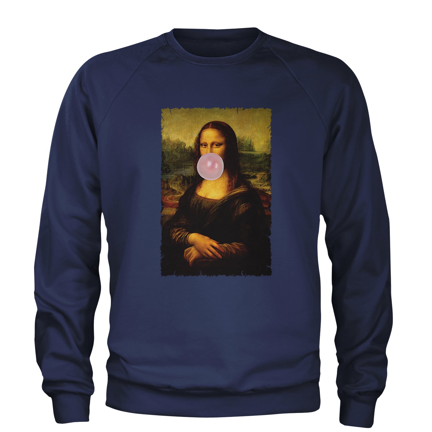 Mona Lisa Smile Pink Bubble Gum Da Vinci Icon Adult Crewneck Sweatshirt Navy Blue