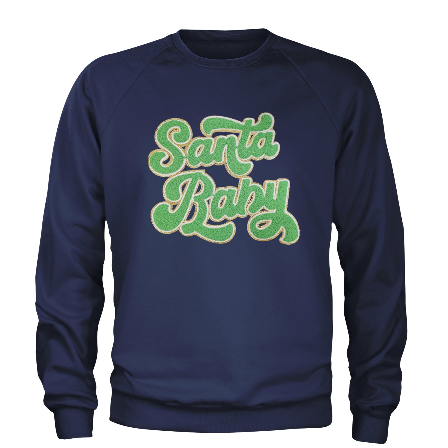 Green Santa Baby Chenille Patch Adult Crewneck Sweatshirt Navy Blue