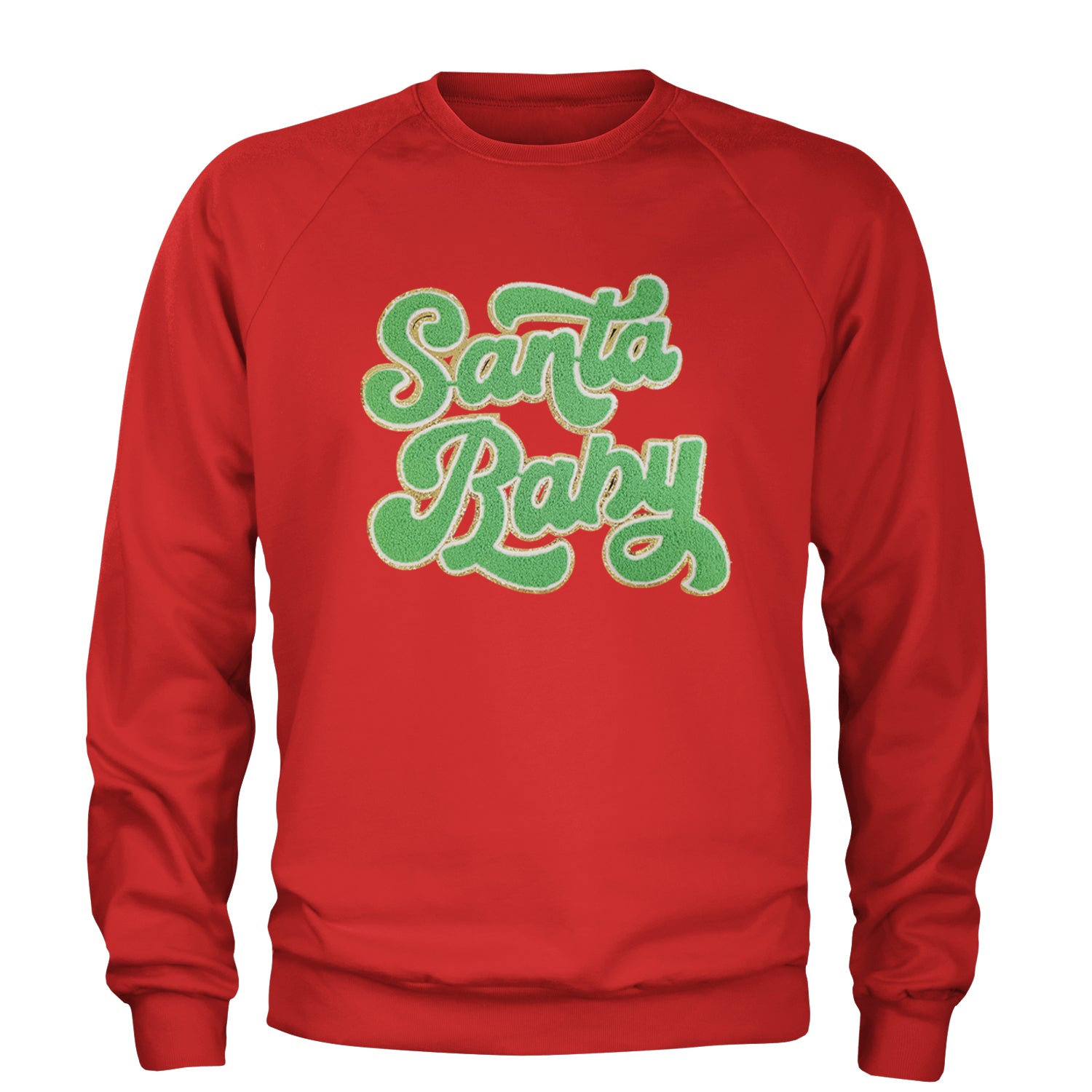 Green Santa Baby Chenille Patch Adult Crewneck Sweatshirt Red