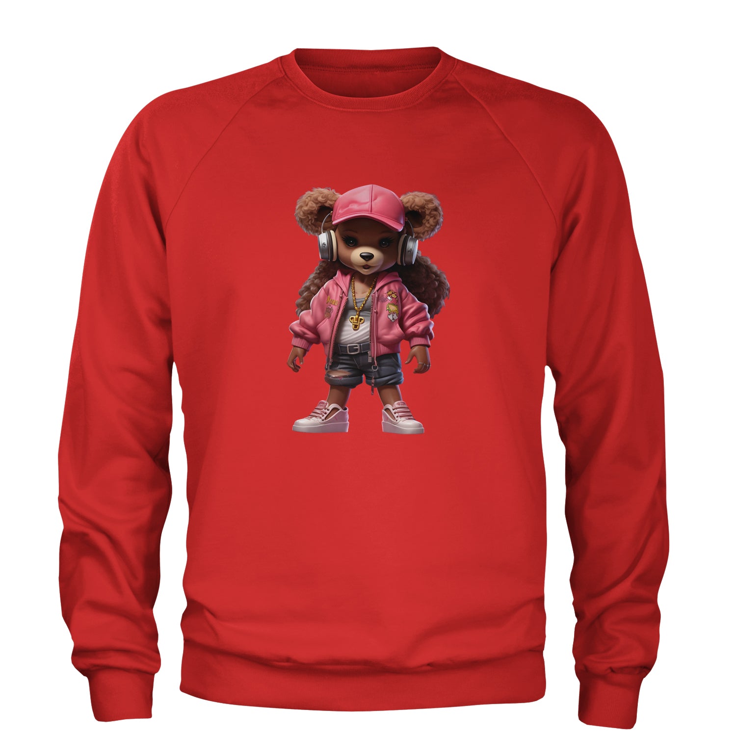 Pink Female Urban Graffiti Bear Adult Crewneck Sweatshirt Red