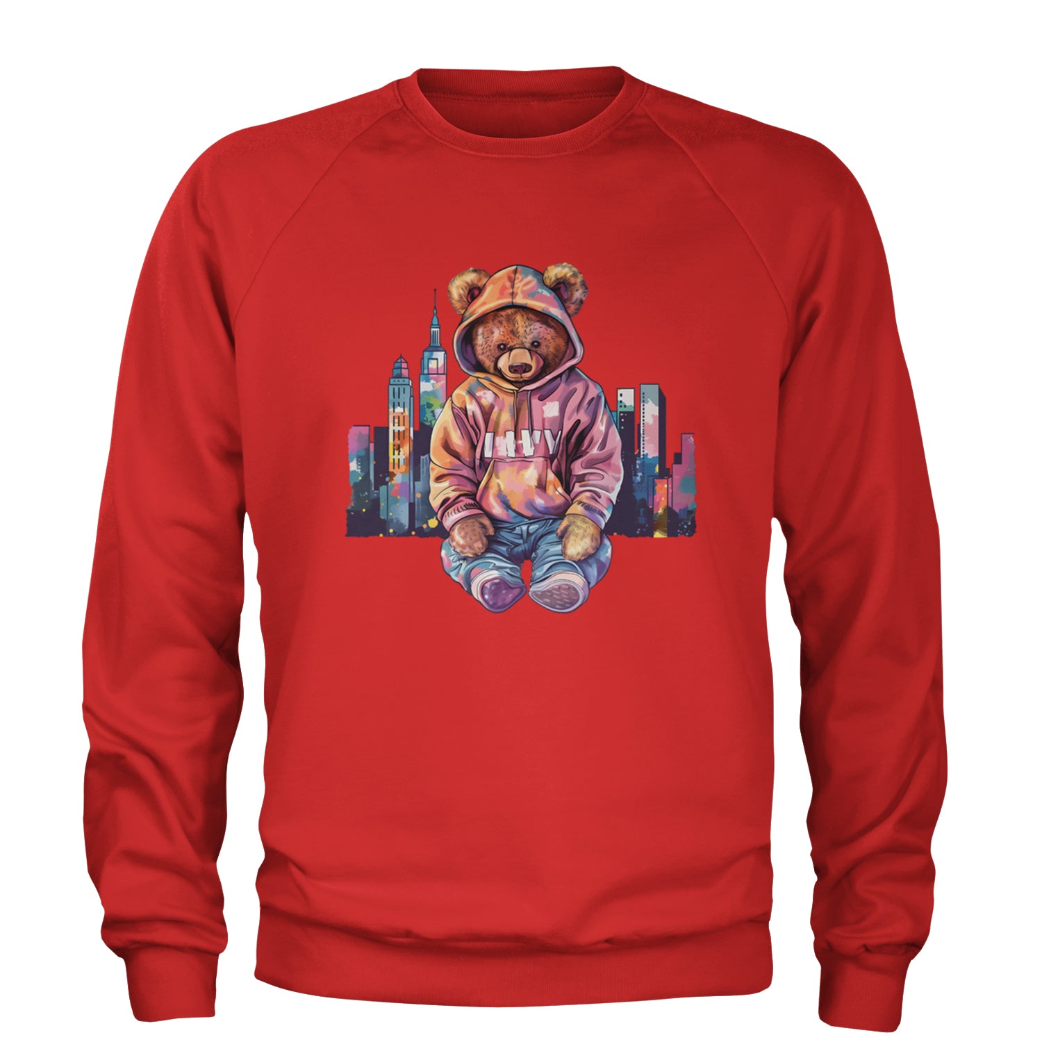 City Skyline Urban Graffiti Bear Adult Crewneck Sweatshirt Red