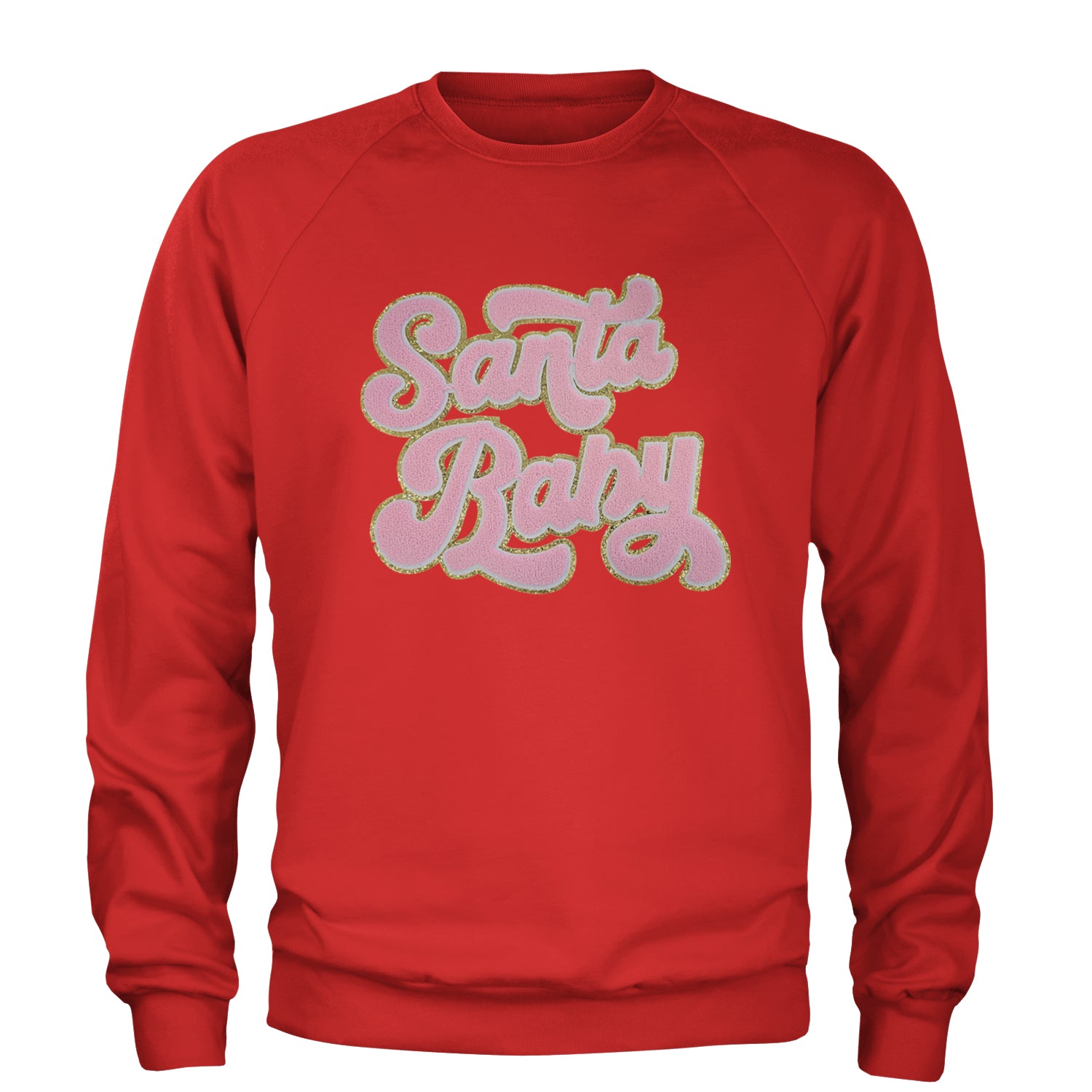 Pink Santa Baby Chenille Patch Adult Crewneck Sweatshirt Red