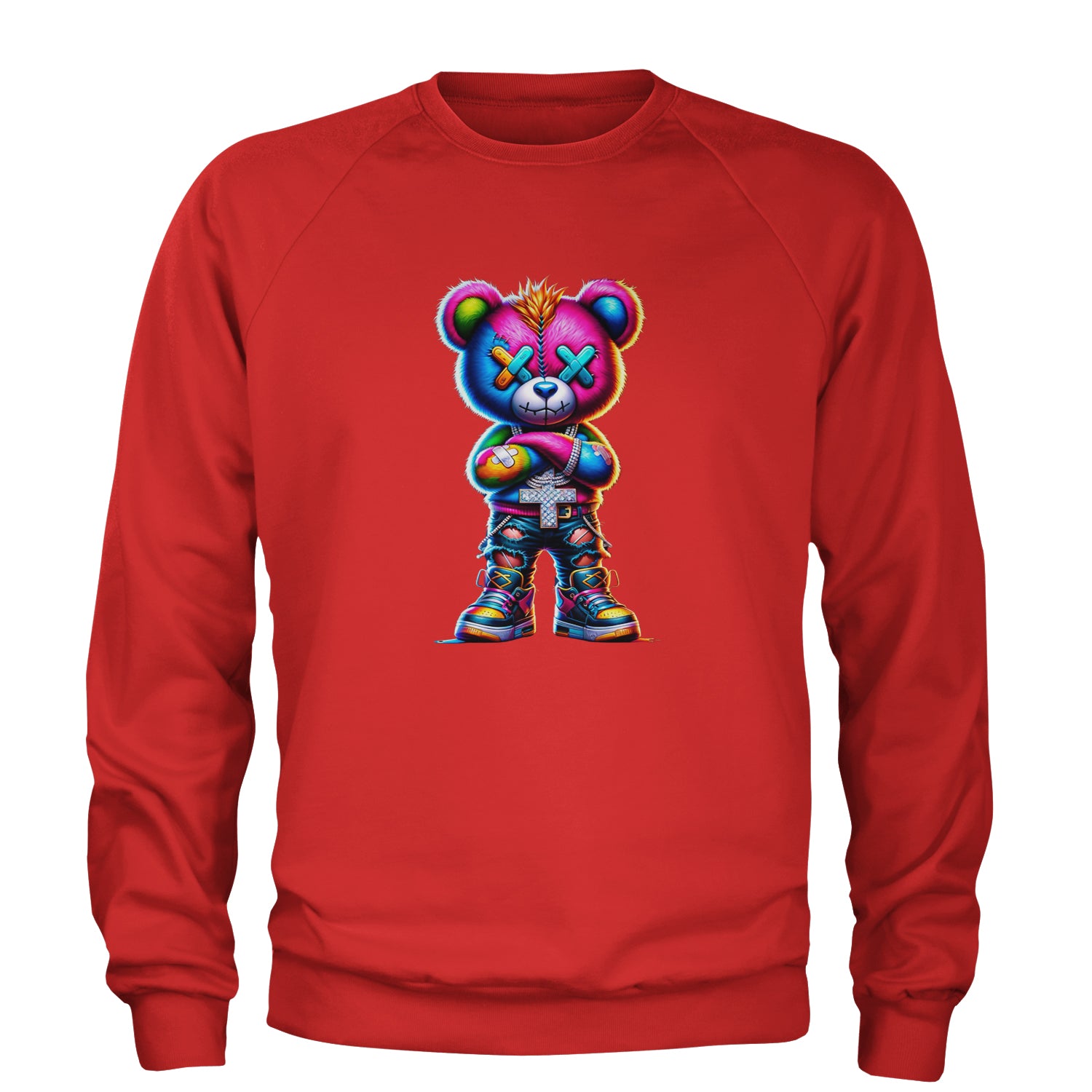 Stitched Neon Urban Graffiti Bear Adult Crewneck Sweatshirt Red