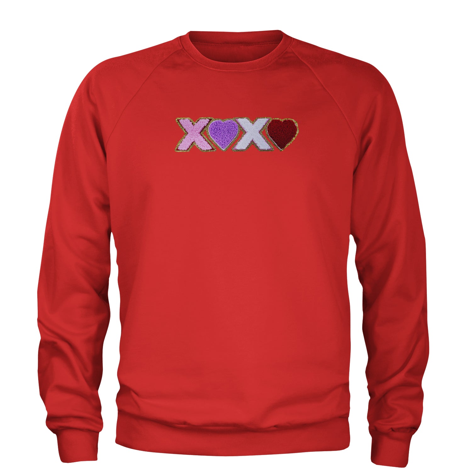 XOXO Chenille Patch Valentines Days Adult Crewneck Sweatshirt Red