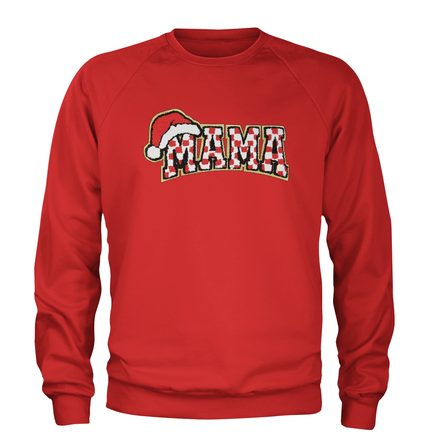 Mama Santa Hat Chenille Patch Adult Crewneck Sweatshirt Red