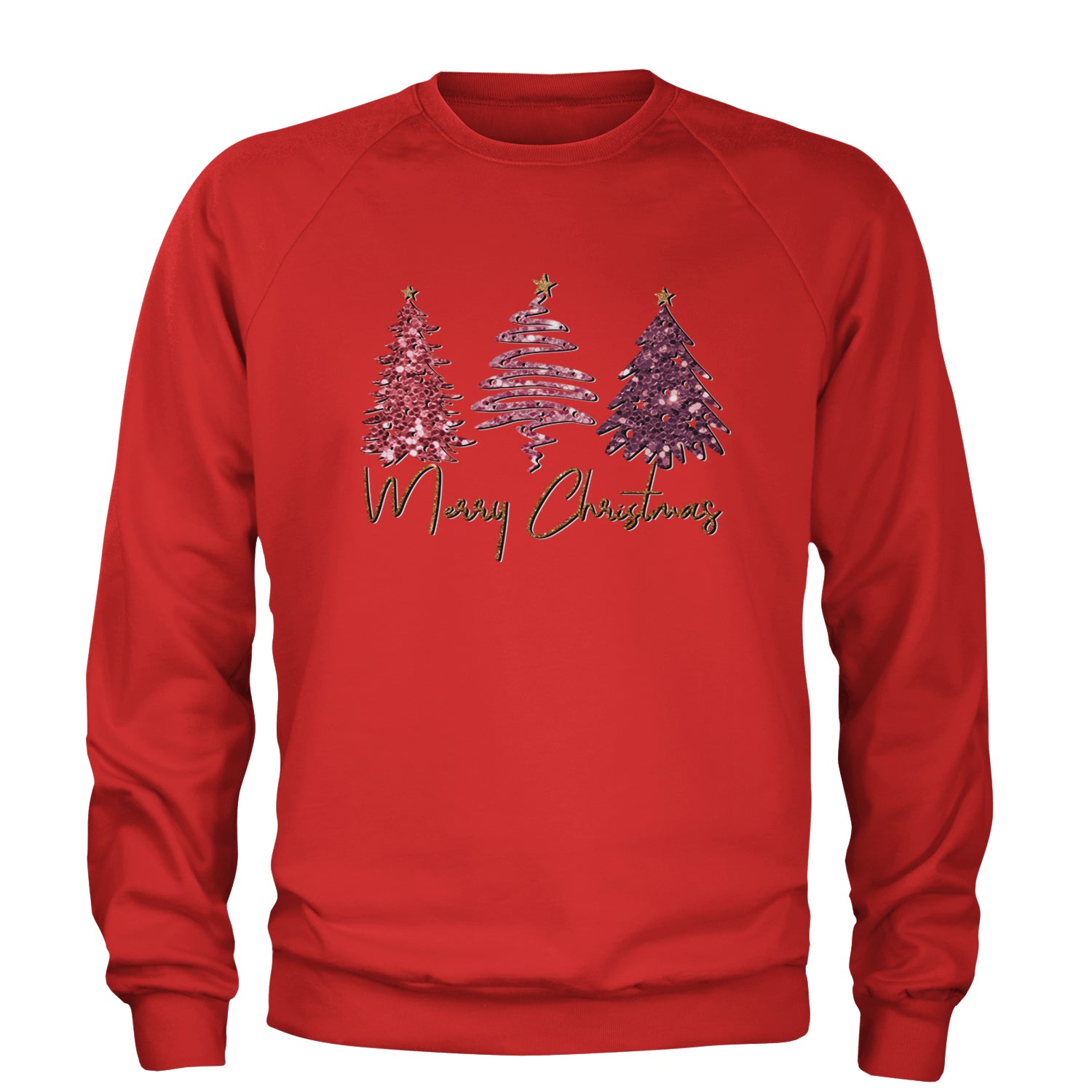 Merry Christmas Faux Glitter Trees Adult Crewneck Sweatshirt Red