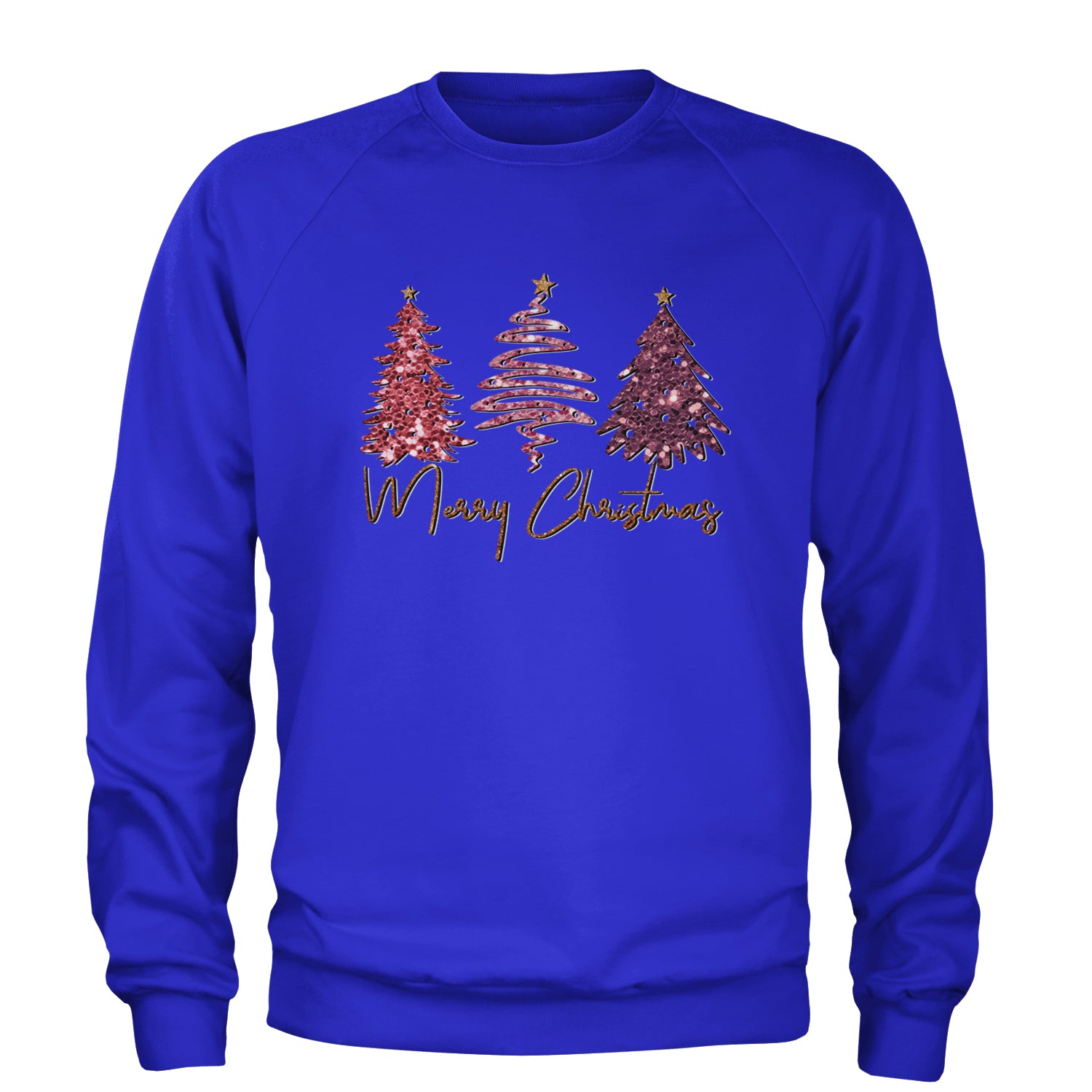 Merry Christmas Faux Glitter Trees Adult Crewneck Sweatshirt Royal Blue