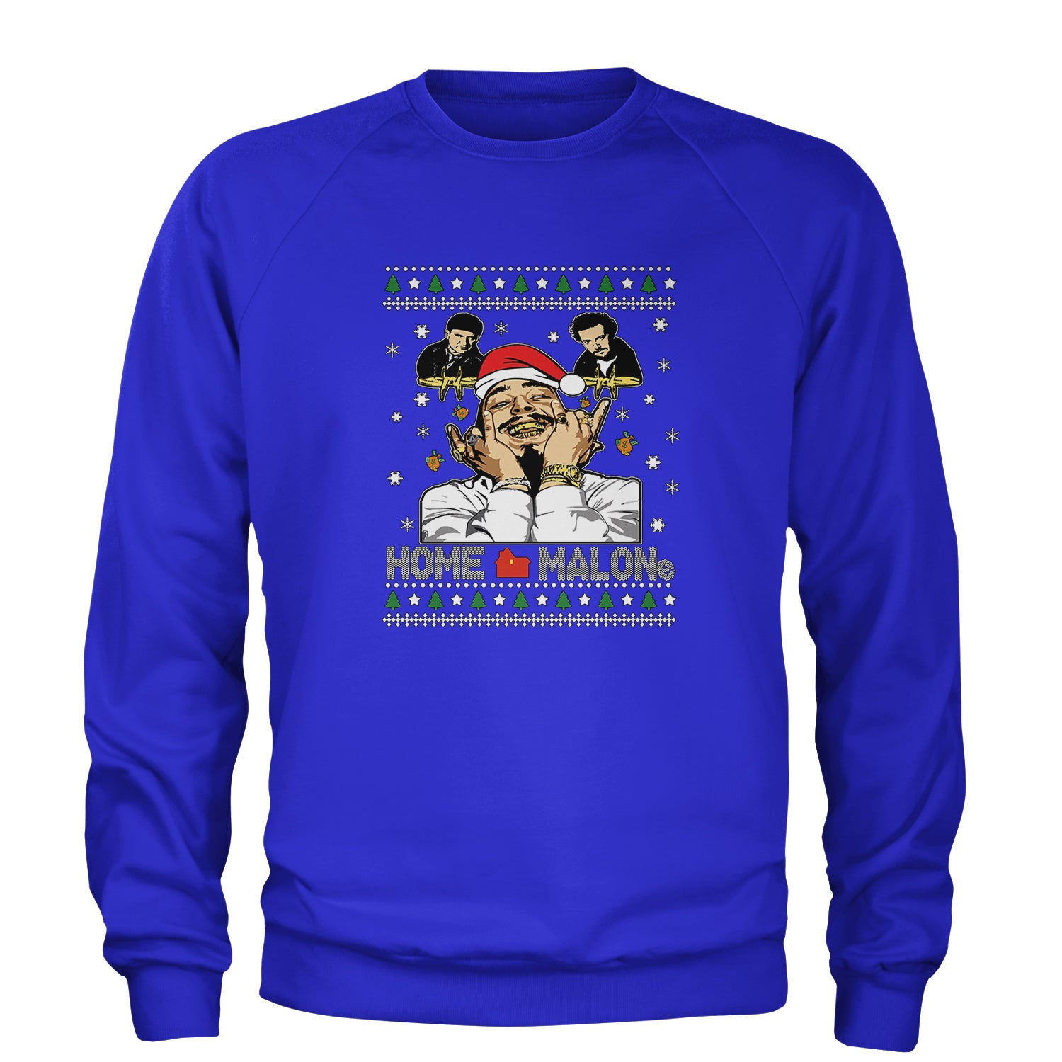 Home Malone Ugly Christmas Adult Crewneck Sweatshirt Royal Blue