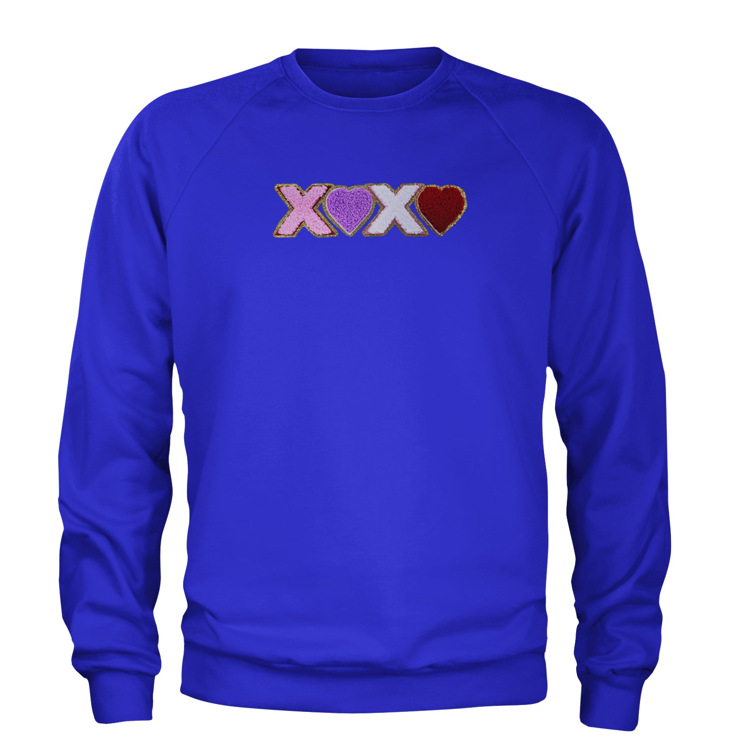 XOXO Chenille Patch Valentines Days Adult Crewneck Sweatshirt Royal Blue