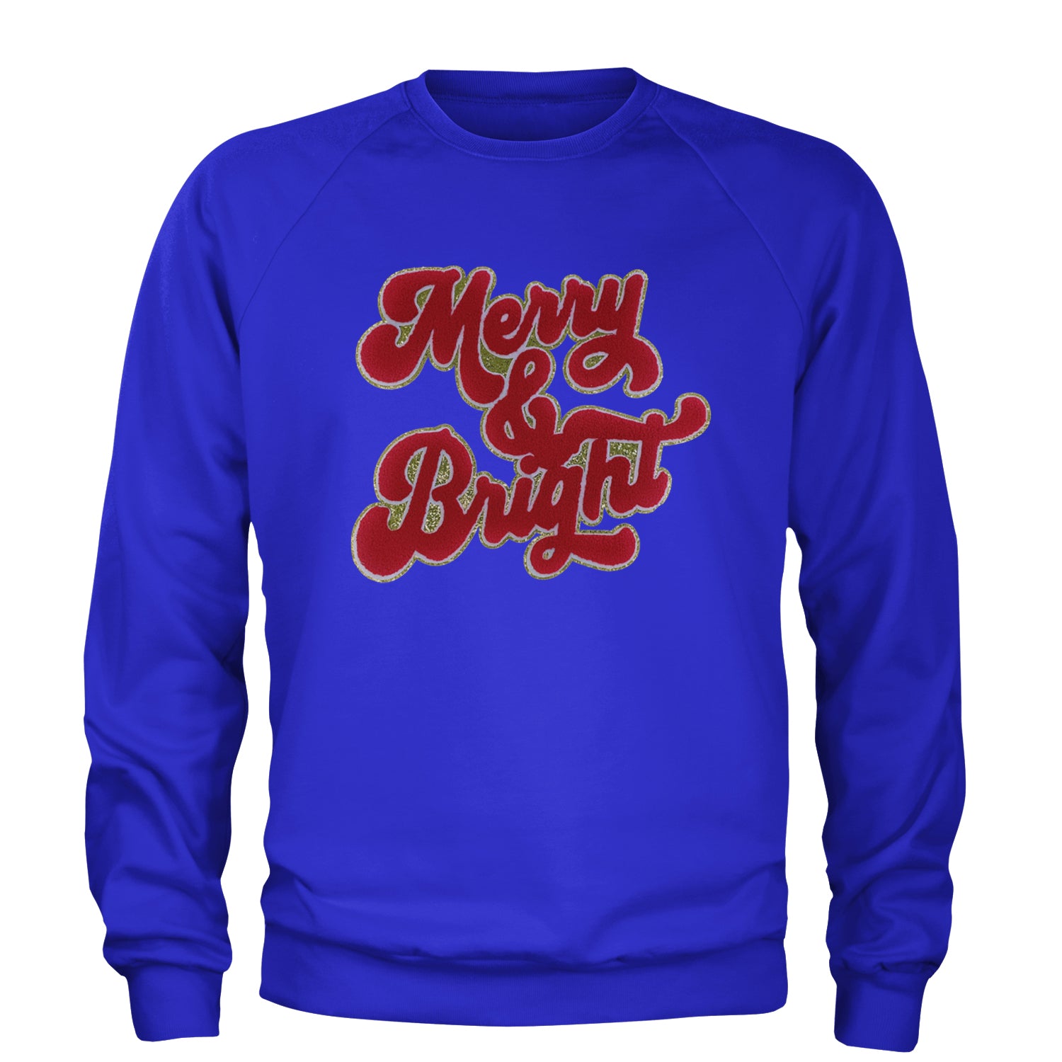 Merry & Bright Chenille Glitter Adult Crewneck Sweatshirt Royal Blue