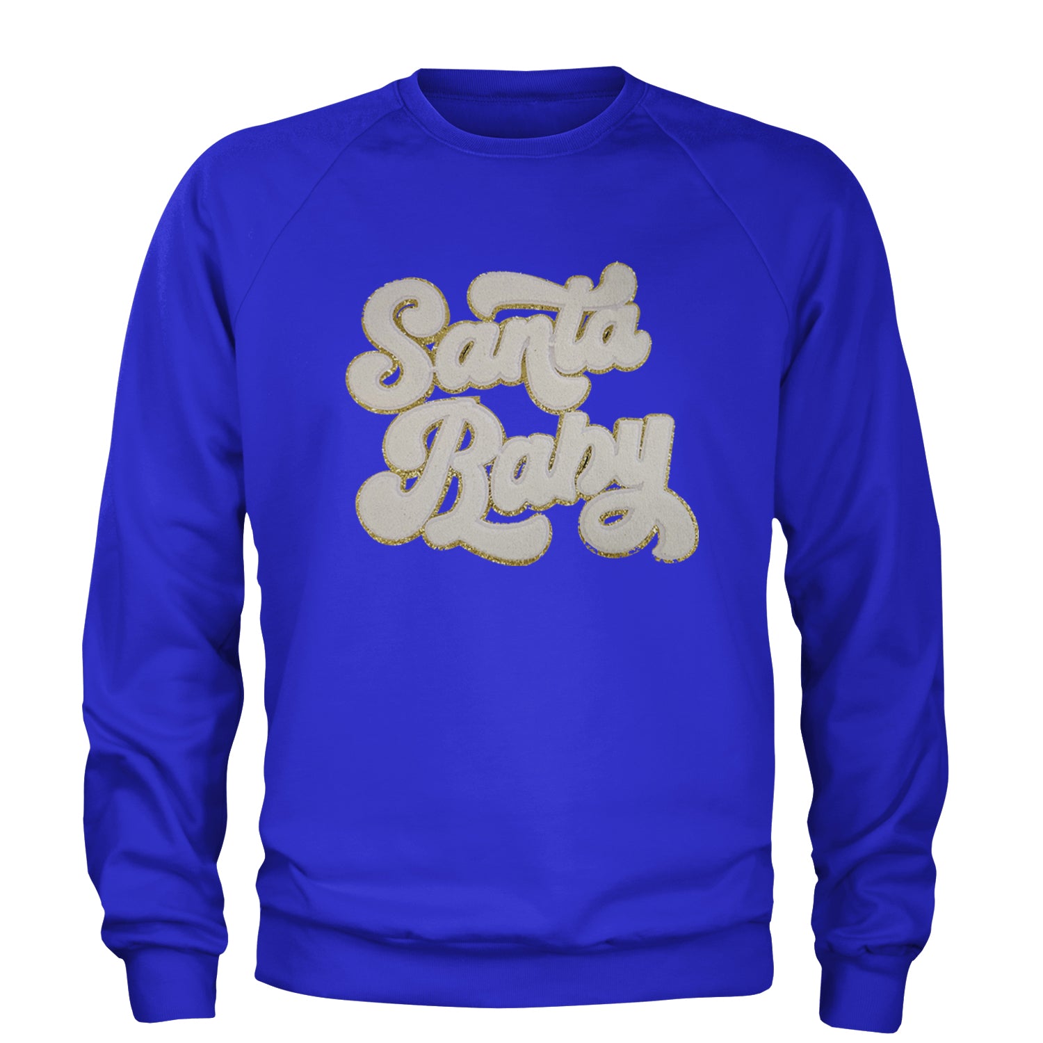 White Santa Baby Chenille Patch Adult Crewneck Sweatshirt Royal Blue