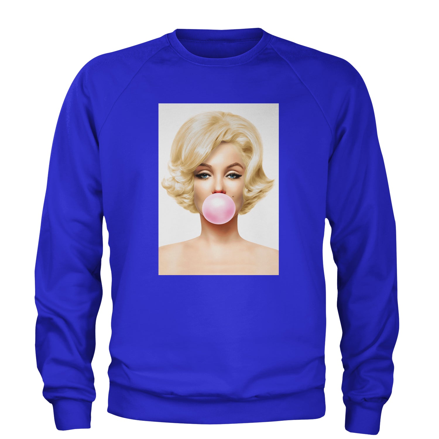 Ms. Monroe Pink Bubble Gum American Icon Adult Crewneck Sweatshirt Royal Blue