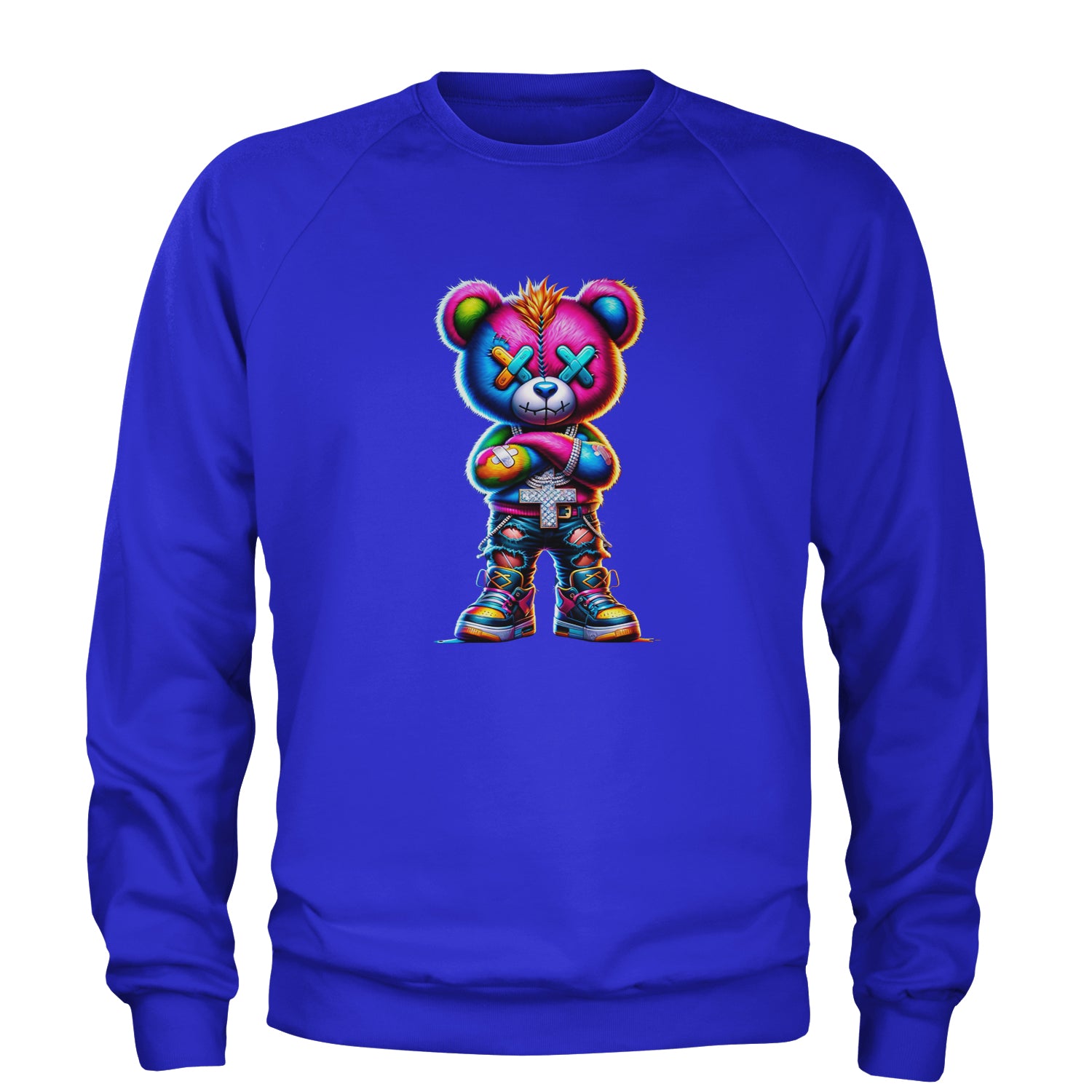 Stitched Neon Urban Graffiti Bear Adult Crewneck Sweatshirt Royal Blue