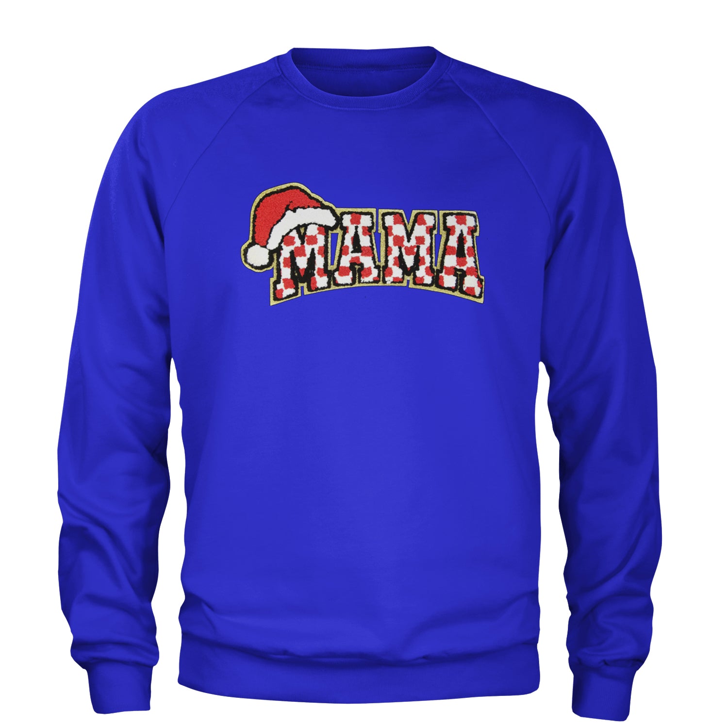 Mama Santa Hat Chenille Patch Adult Crewneck Sweatshirt Royal Blue