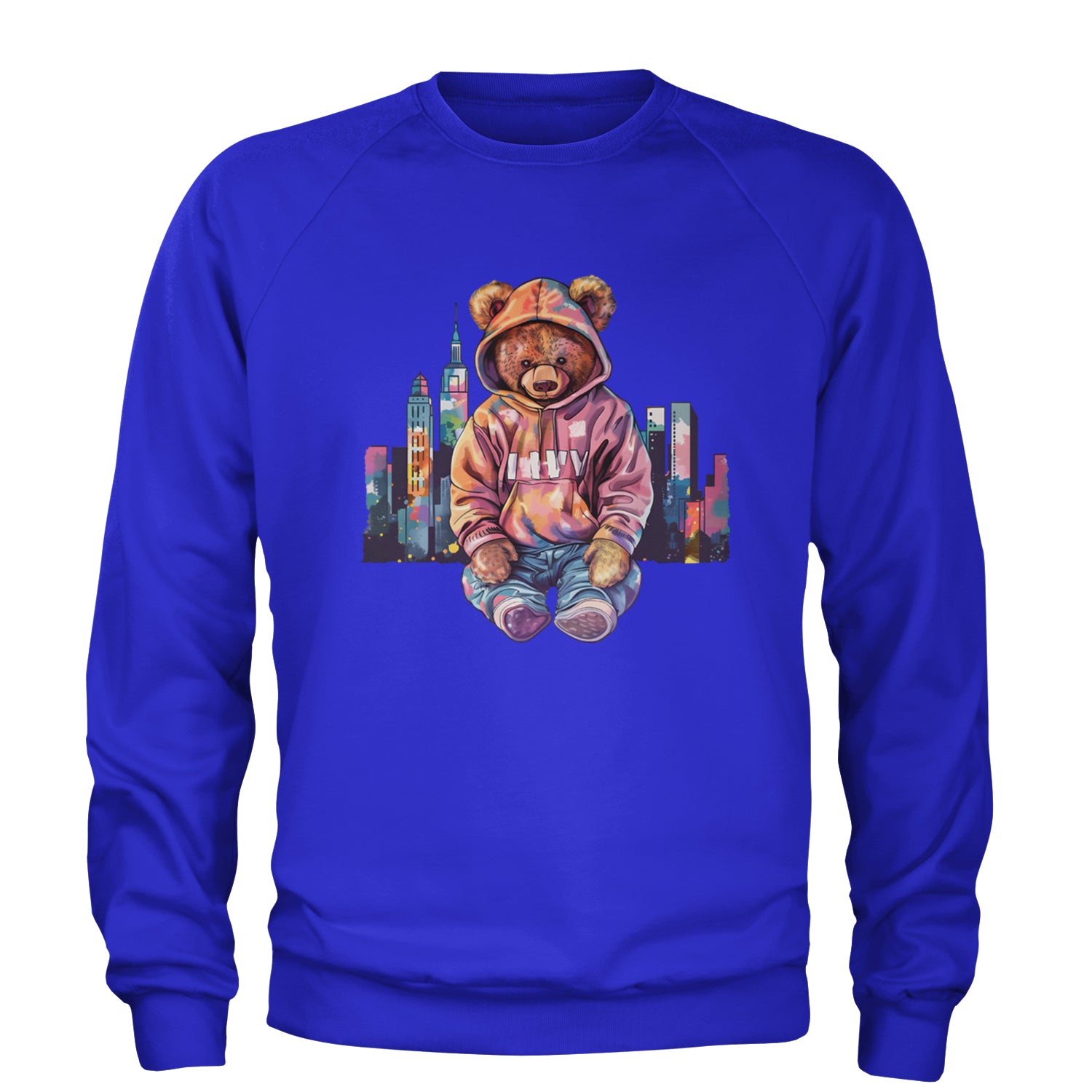 City Skyline Urban Graffiti Bear Adult Crewneck Sweatshirt Royal Blue